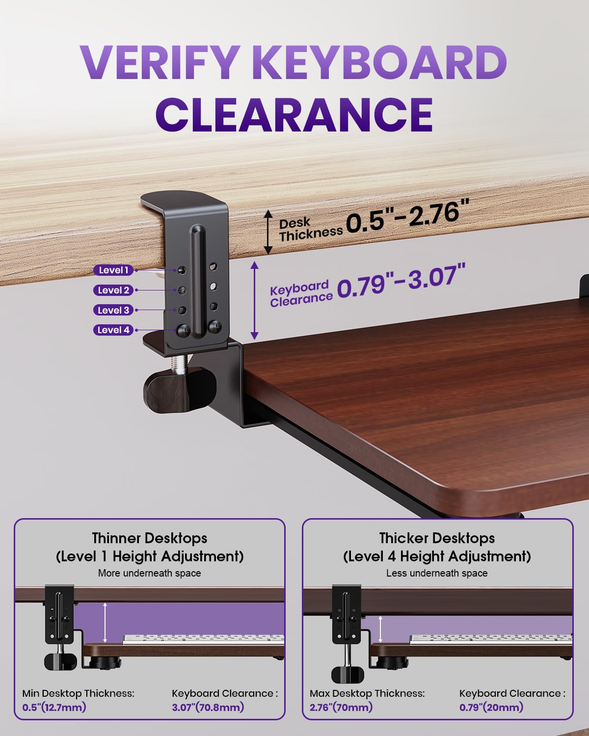 Zontera Ergonomic Keyboard Tray Under Desk, Pull Out with Adjustable C-clamp, 25.6 (31.5 Including Clamps) x 11.8 Inch Slide Out Computer Keyboard Drawer Mouse Tray for Typing, Large & Walnut