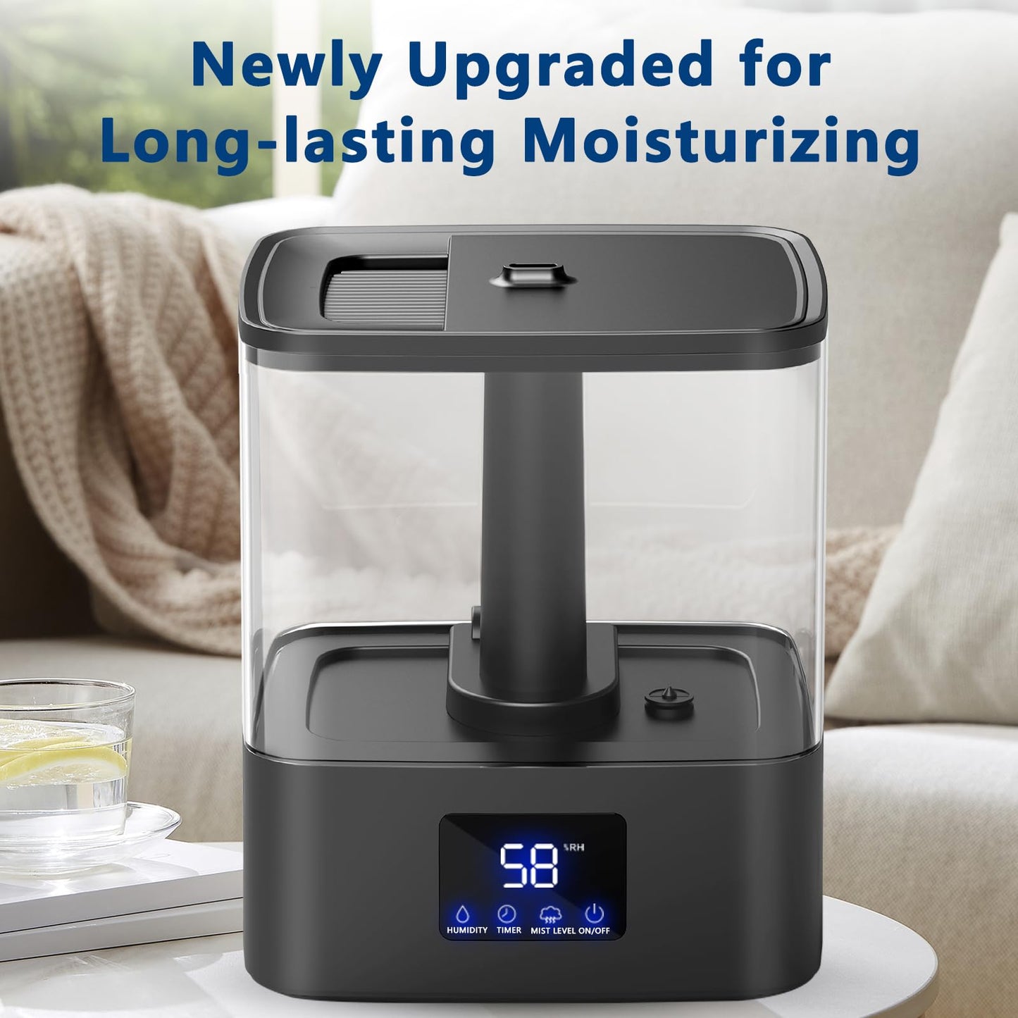 KZF 4L Top Fill Humidifiers for Bedroom & 60H Runtime - Cool Mist Humidifier, 3 Mist Levels, 8H Timer, Essential Oil Tray, Humidity Display, Quiet for Bedroom, Baby, Plants, Large Room (Black, 6L)