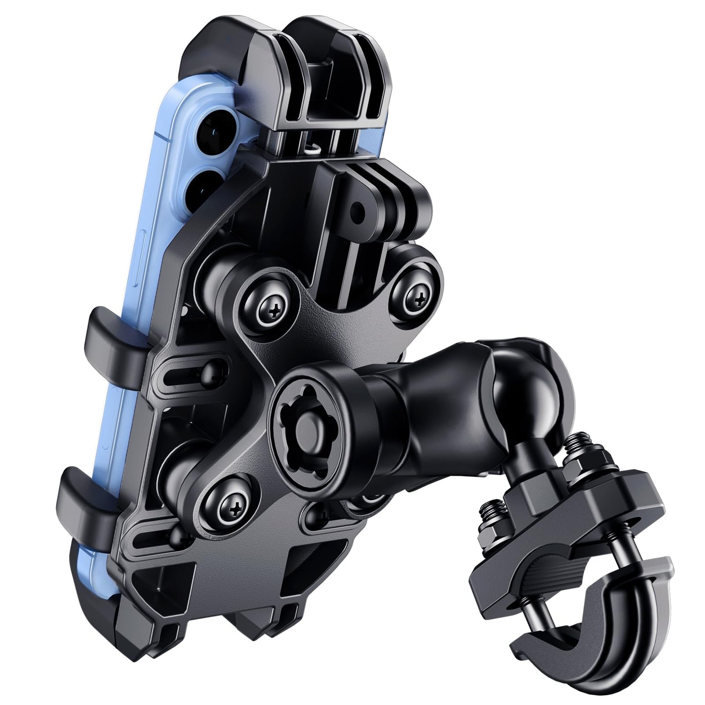 Thlevel Motorcycle Phone Mount Holder with Vibration Dampener Anti-Shake 720° Adjustable for iPhone 16 Pro Max for Samsung 5.4''-6.9'' Phone Anti-Theft Dirt Bikes(U Shape Base 0.6-1.1" Handlebar)
