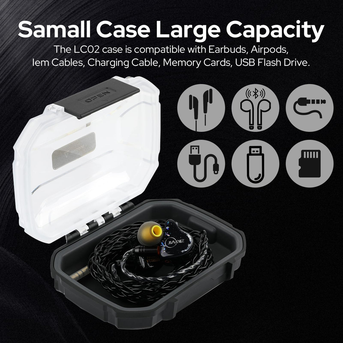 Linsoul LC02 in Ear Monitor Case, Portable Earbud Hard Case, Waterproof Earphone Storage Box, Travel Carrying Case for Headphones and IEM Cables, Fit for ZS10 PRO Cadenza Supermix4 Hype4 Zero:2 Zonie