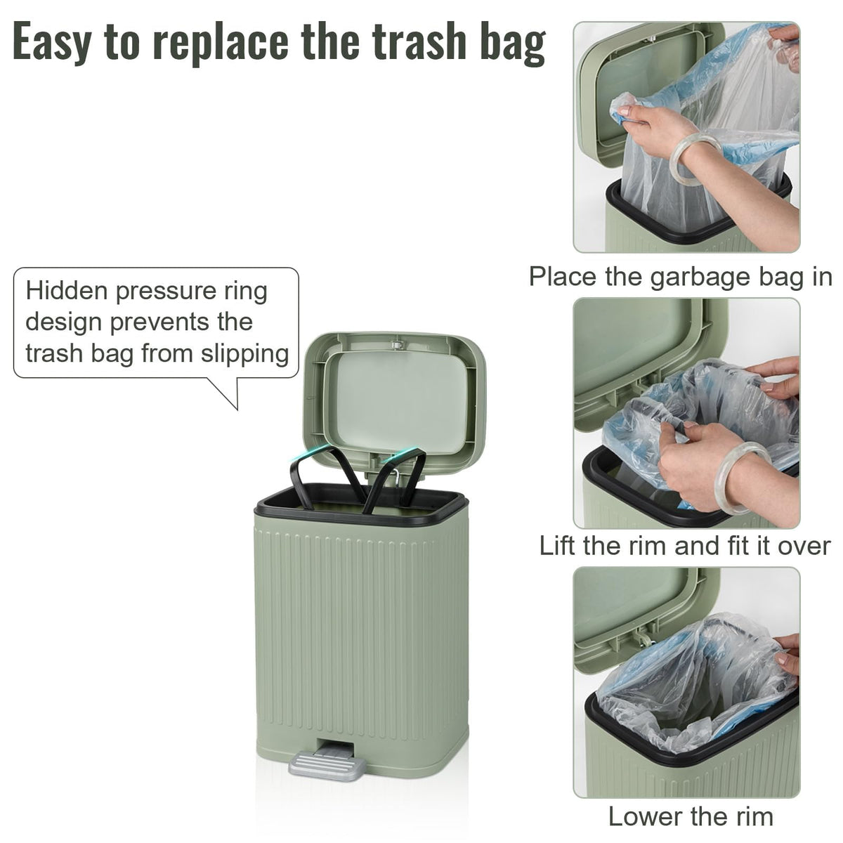 rejomiik Small Bathroom Trash Can with Lid 2.1 Gallon Soft Close Step Slim Garbage Can Waste Bin for Office, Bedroom, Kitchen, Light Green