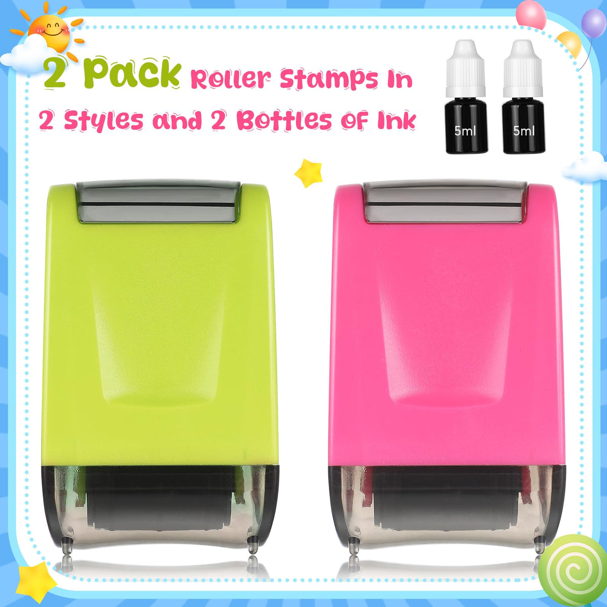 Affrolling 2 Pcs Roller Stamps for Teachers Dashed Handwriting Lines Practice with 2 Black Ink Self Inking Line Rolling Stamps Supplies for Sentence Handwriting Practice, Green and Pink