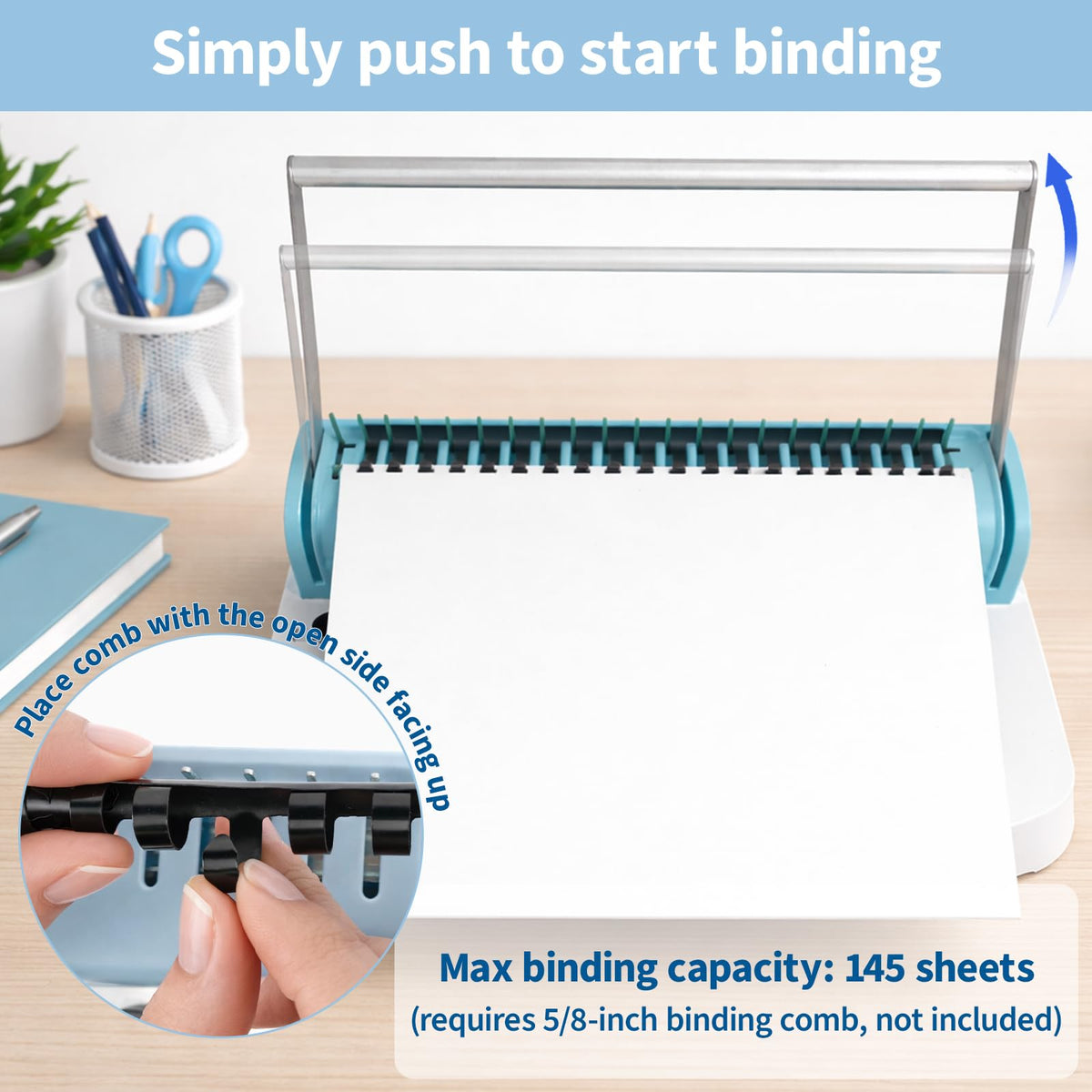 Binditek Binding Machine, 19-Hole, 145 Sheets, Comb Binding Machines with 50 PVC Binding Covers (8Mil), 50 Sand-Textured Polycovers (12Mil) and 50 PCS 1/2" Binding Combs, for Letter Size, Fixed Margin