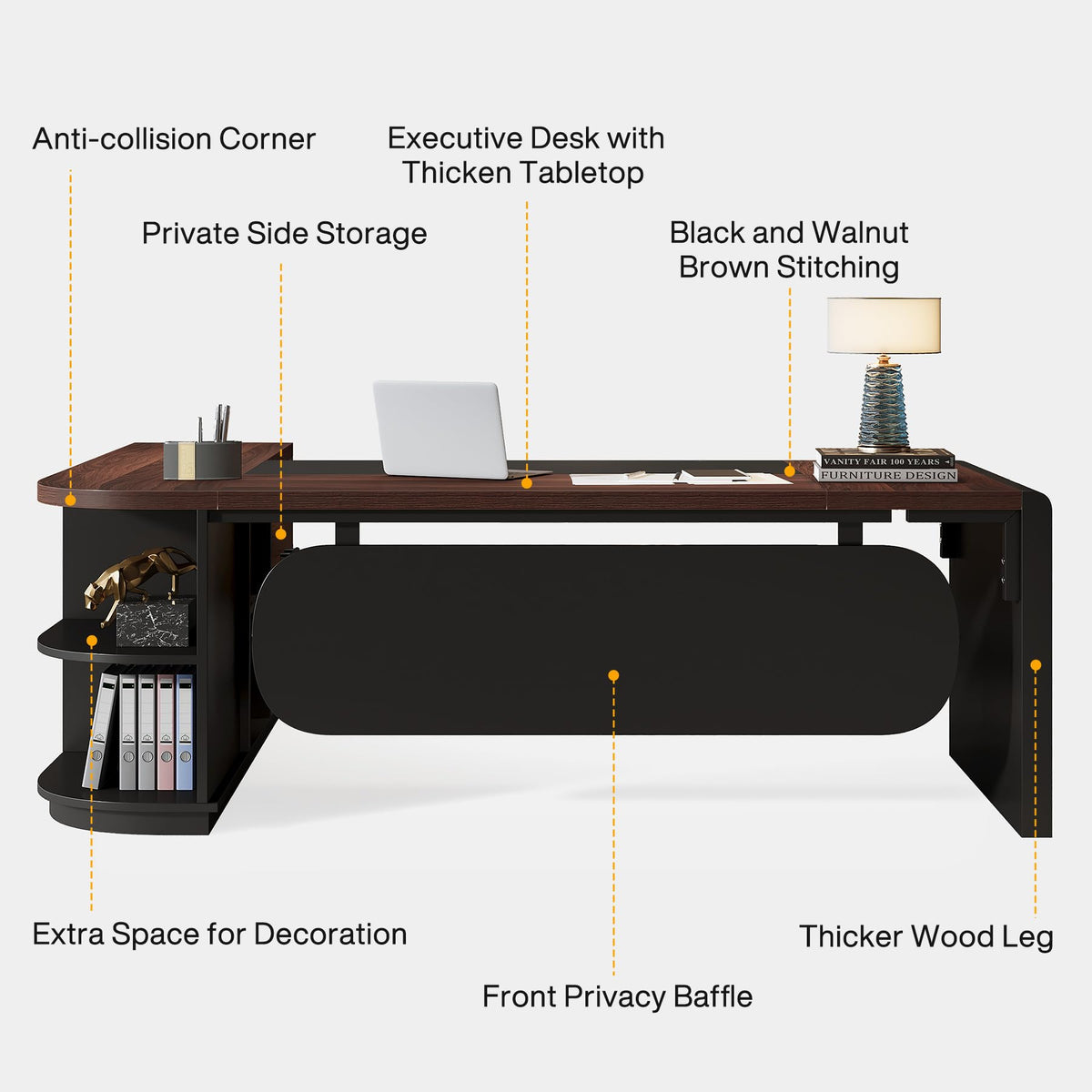 Tribesigns 80'' L-Shaped Desk, Large Executive Office Desk with 55'' Drawers Cabinet, Modern Computer Table with Storage Shelves, Business Furniture for Home Office, Walnut & Black
