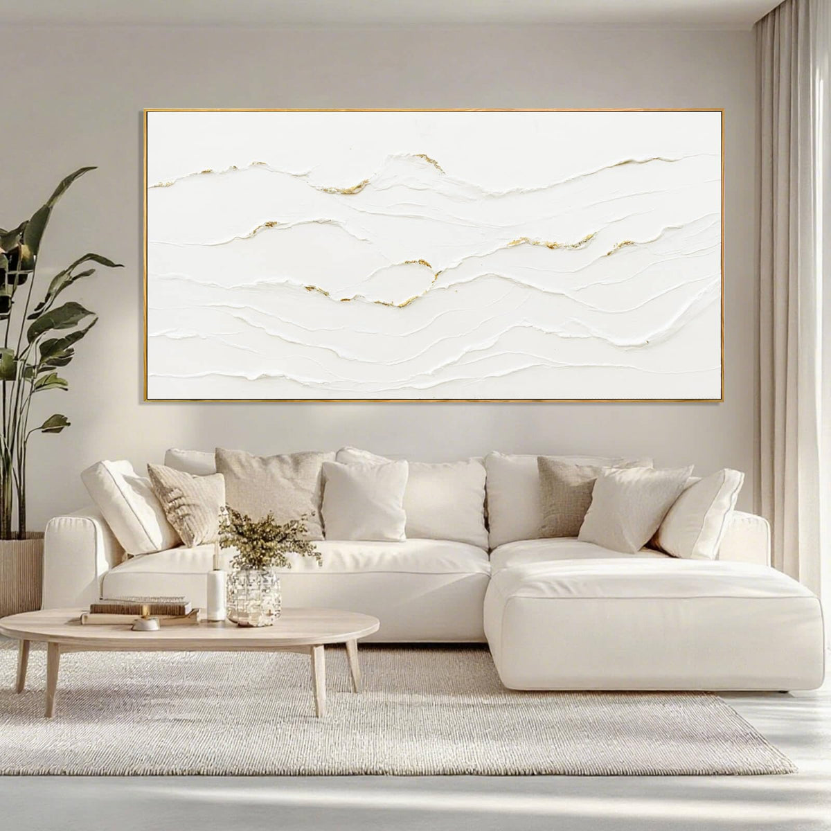 WINKAILIN Large Wavy Line White Abstract Wall Art with Frame Minimalist Modern Hand drawn Painting Textured Poster for Living Room Dining Room Bedroom Decor 29"x58"