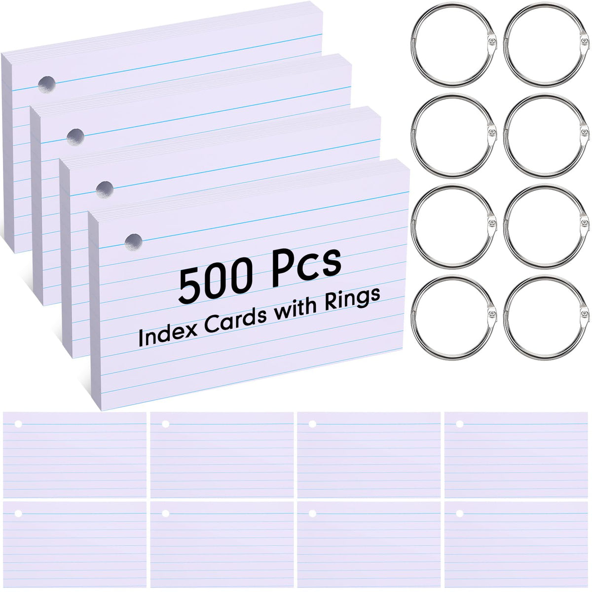 Yexiya 500 Pcs Index Cards with Rings Study Supplies Punched Lined Flash Cards with Holes Ruled Single Hole Notes and Metal Rings for Adults Office(3 x 5 Inch,White)