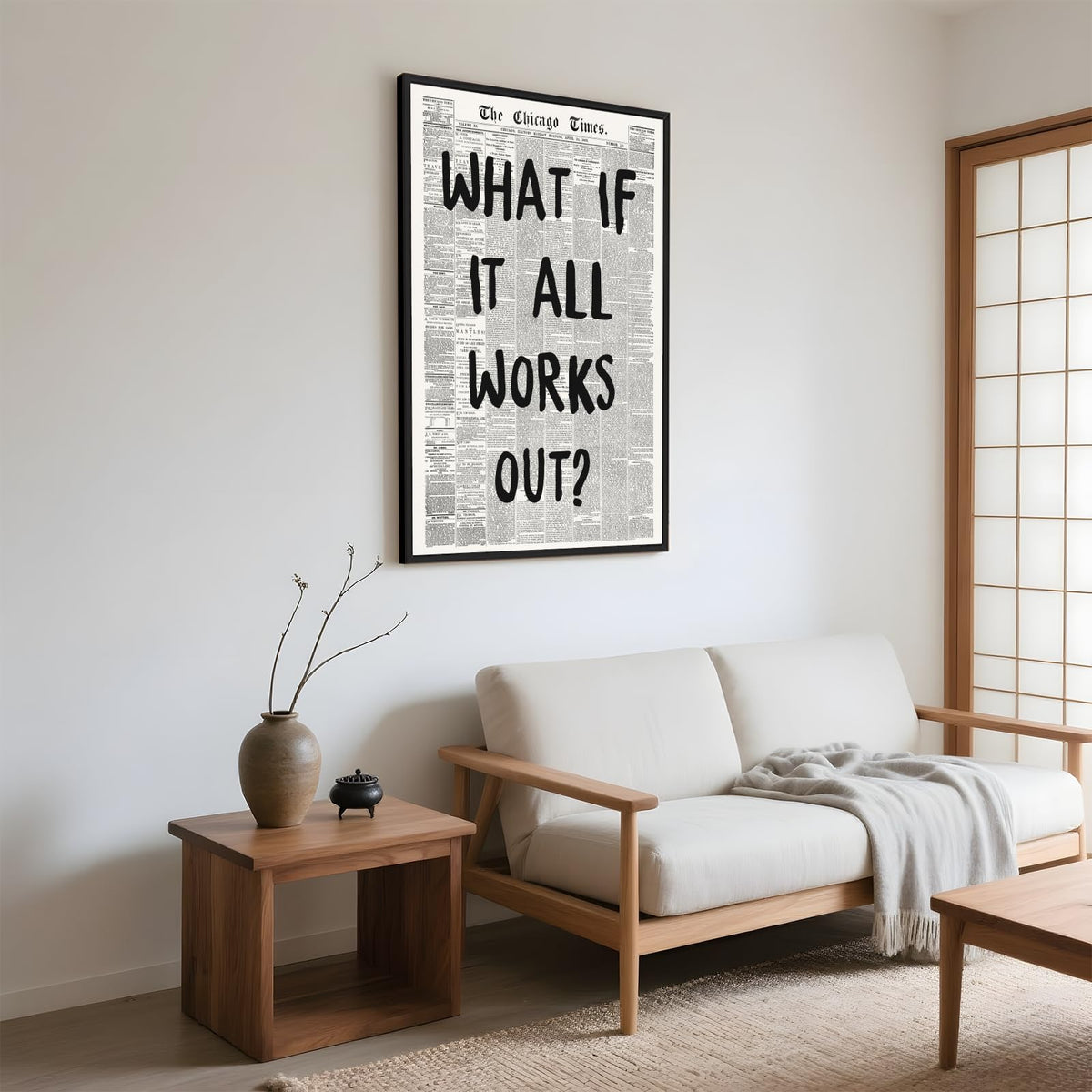 Framed What If It All Works Out Wall Art Black and White Retro Newspaper Poster Positive Motivational Canvas Print Painting Inspirational Quote Picture Wall Decor for Office Home Bedroom Dorm 8x12inch