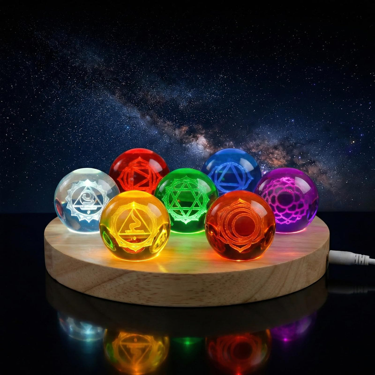 Hivexagon 7 40mm Chakra Crystal Ball Equipped with LED Wooden Base Come with Dimmer and Timer Cable for Meditation, Feng Shui Divination, Night Light Decorative, Gift (16X16X2cm)
