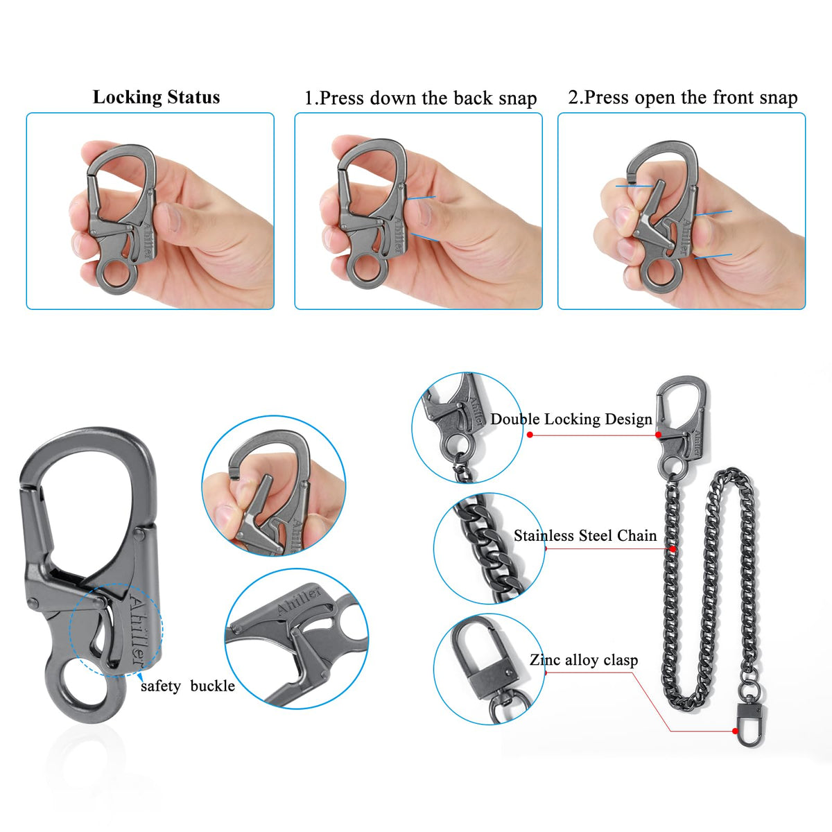 Ahiller Biker Wallet Chain, Heavy Duty Pocket Chain with Lockable Carabiner, Men Chains for Keys, Jeans, Pants, Purse and Handbag (P-Black-1PCS)