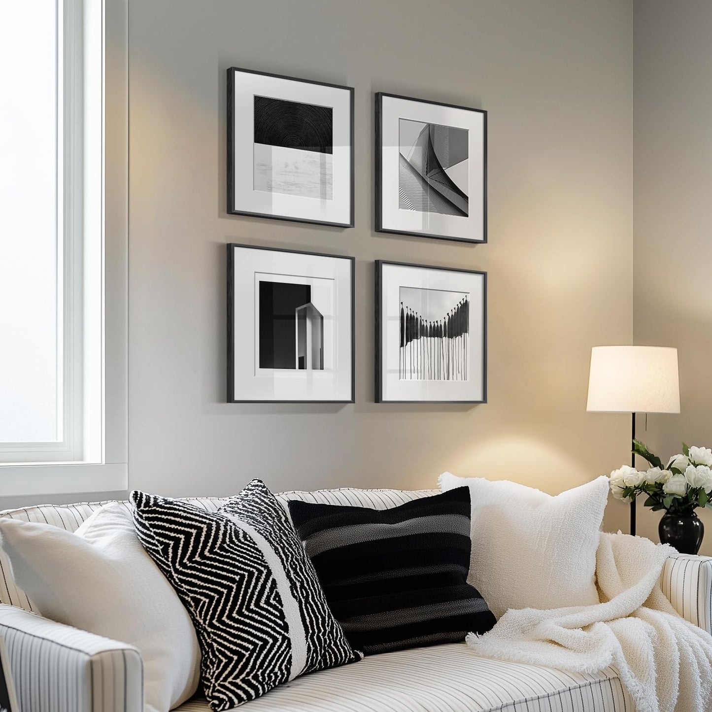 Framed Modern Canvas Wall Art Set of 4 Piece, Black and White Abstract Picture Prints, Geometric Line Minimalist Paintings Artwork for Bedroom, Living Room, Hallway and Office 12x12 Inch