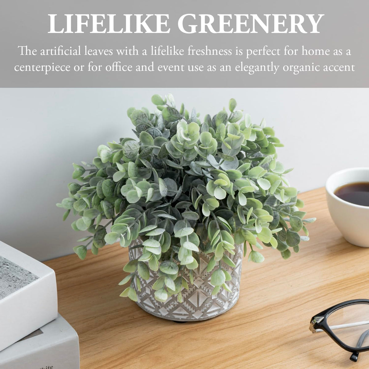 MyGift Artificial Eucalyptus Plant in Modern Gray Concrete Pots with Geometric Embossed Pattern (1, Grey)