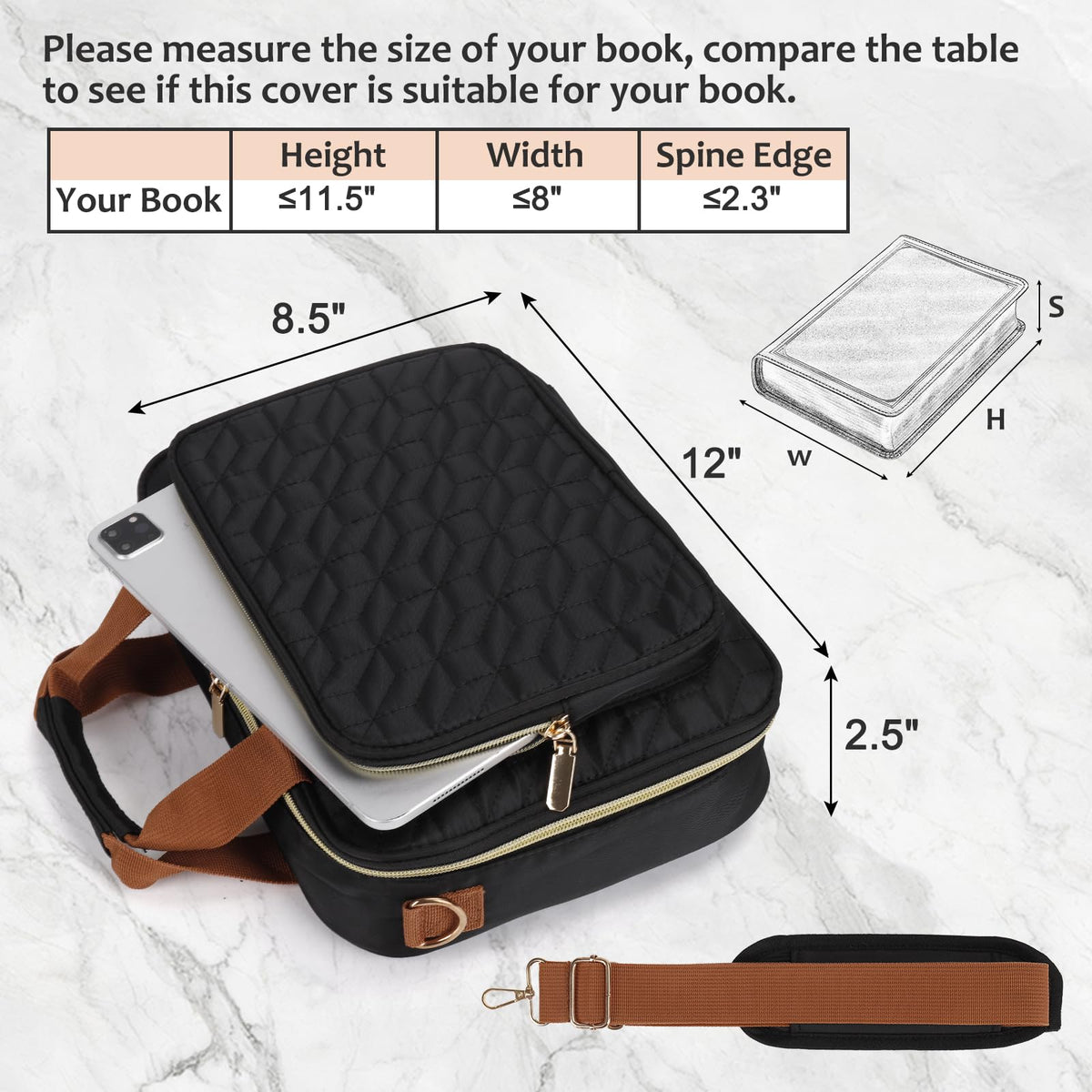 Wanlvhu Bible Cover for Women Men, Large Bible Case Bible Bag with Handle and Shoulder Strap, Bible Carrying Case with Zipper Pocket/Detachable Pen Slot for Bible Gift (Black)