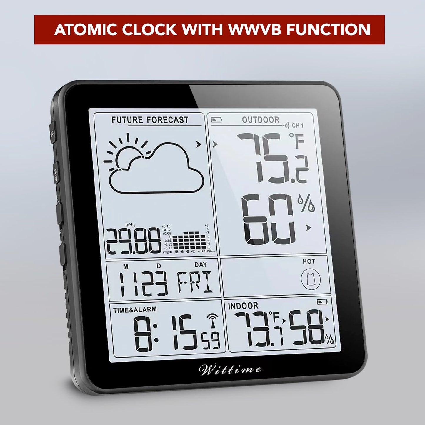 Wittime Weather Station Indoor Outdoor Thermometer Wireless Battery Powered, Atomic Clock with Indoor Outdoor Temperature Weather Clock, Dew Mold Heat Index 2180