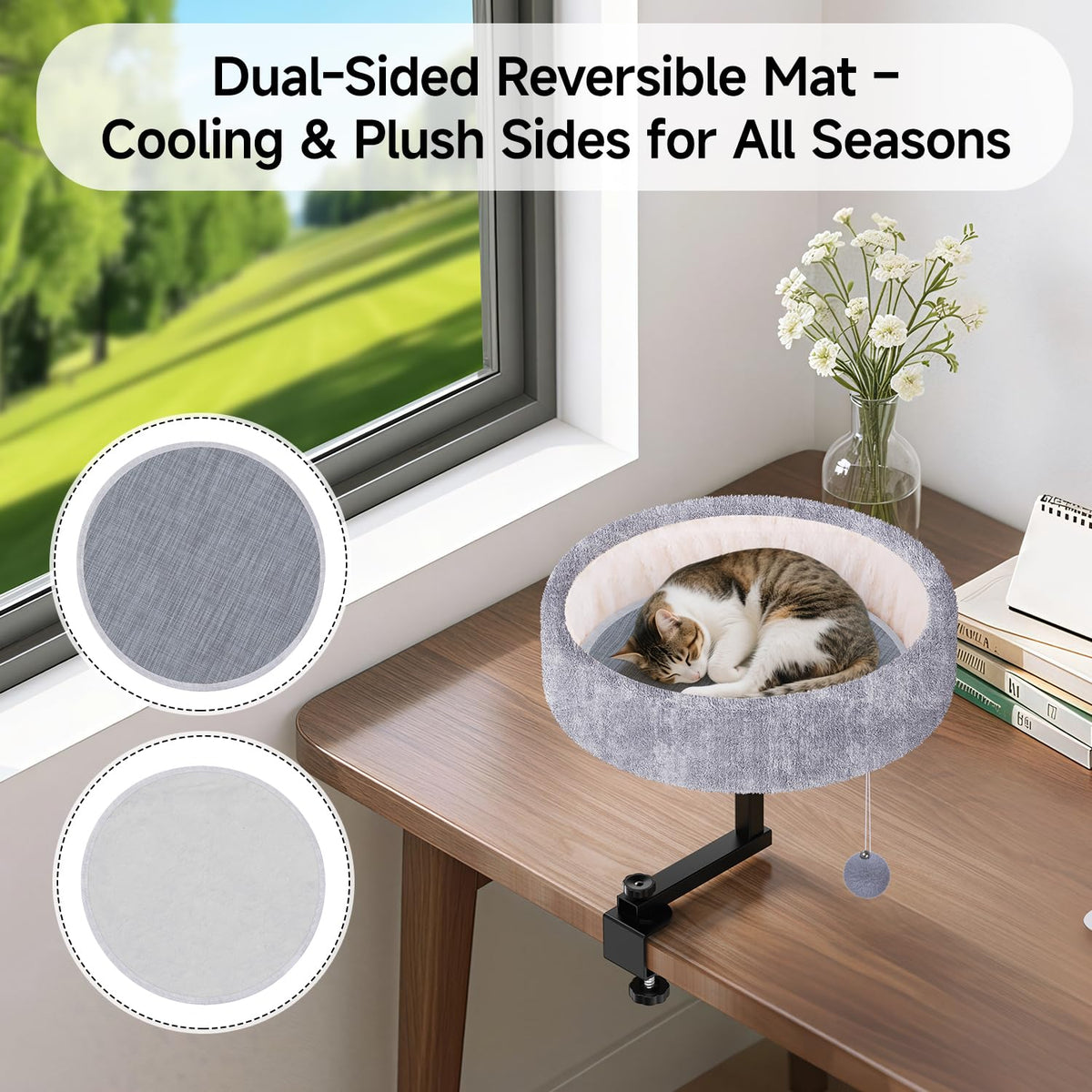 Chumajor Cat Desk Bed - 360° Rotating & Adjustable, Supports 50 lbs, Soft Faux Fur with Dual-Sided Reversible Mat, Modern Indoor Cat Nest Furniture for Office Desks and Game Tables, Island Table