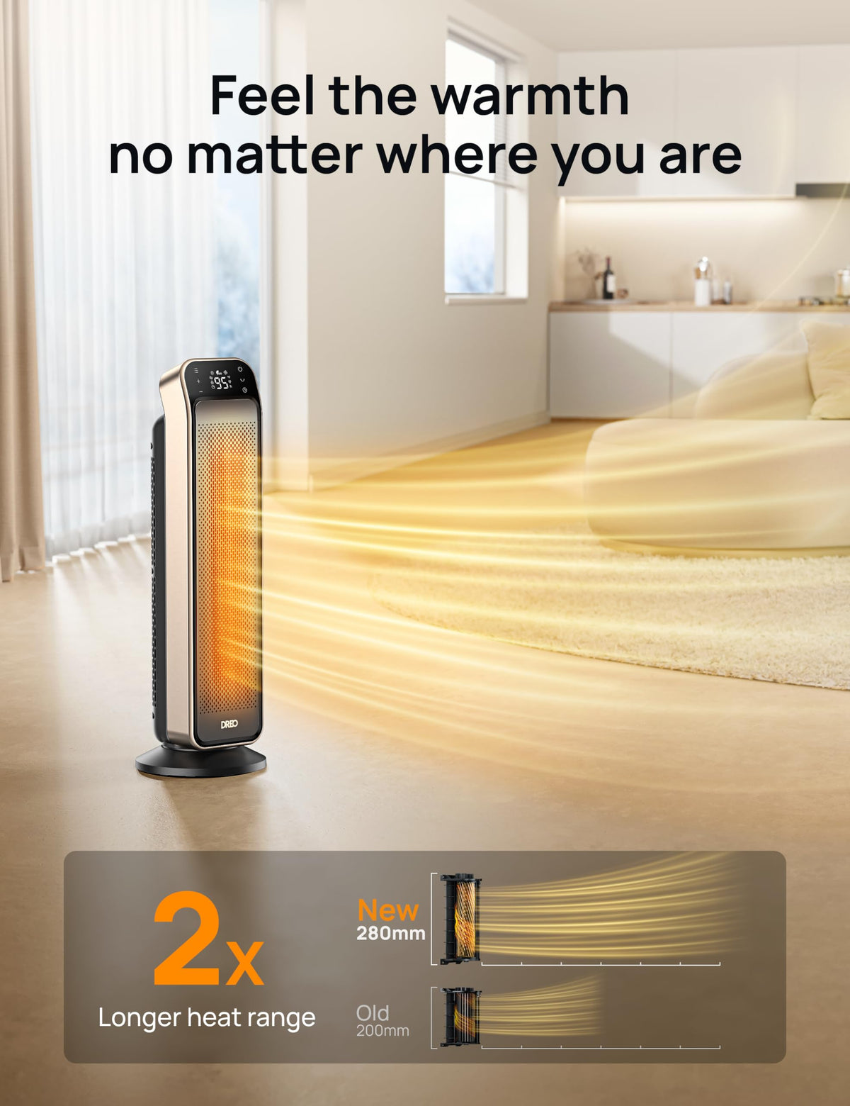 DREO Space Heater Indoor, 25" 11.5ft/s Fast Portable Room Heater with Remote and Thermostat, 3 Modes, Overheating & Tip-Over Protection, Electric Heaters for Indoor Use Large Room, Bedroom, Gold