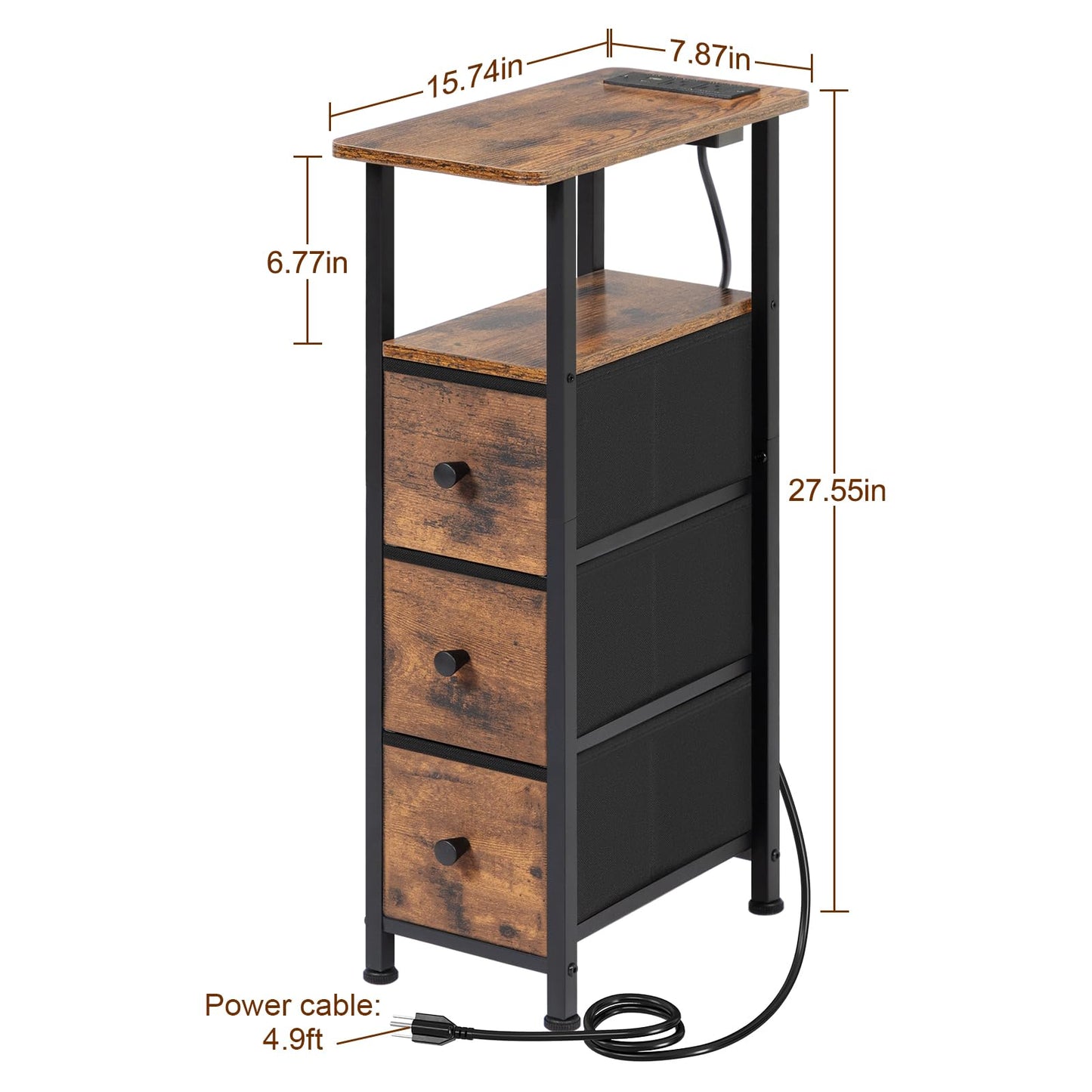 LOAKEKEL Narrow End Tables Living Room Set of 2 with Charging Station, Skinny Side Table with Fabric Drawers, Slim Nightstand for Bedroom, Small Spaces, Couch, Brown, HETNDP03BR