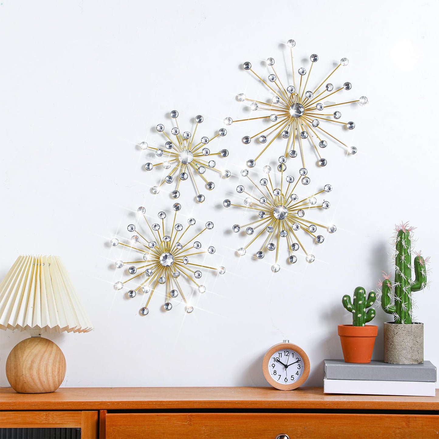 Funnymoom 4 Pcs Gold Starburst Wall Decor Metal Bling Wall Art Gold Crystal Sparkling Rhinestones Bling Decorative Hanging Diamond for Living Room Bedroom Home Office
