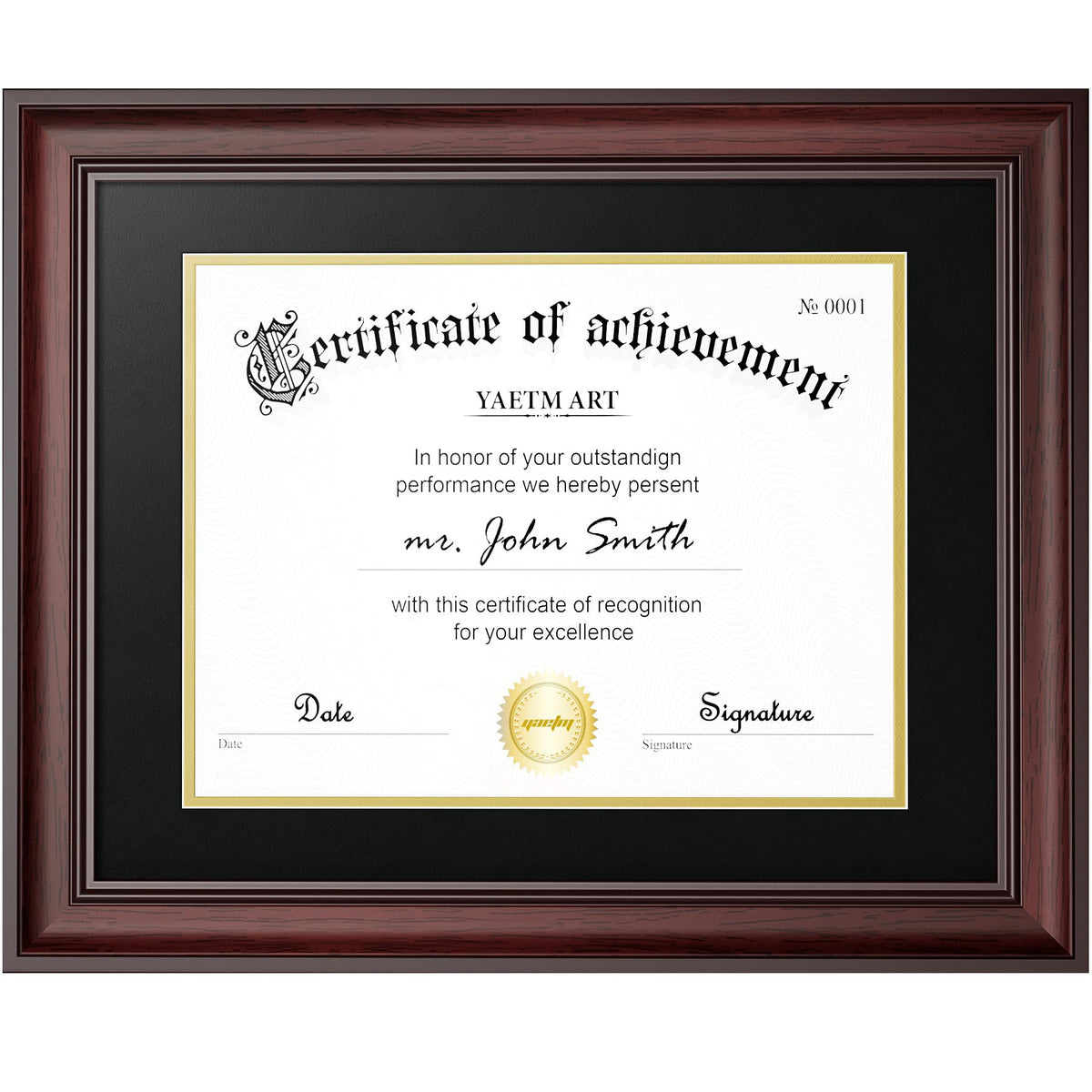 Yaetm 11x14 Diploma Frame, Certificate Frame with Tempered Glass, Display 8.5x11 Document with Black Over Gold Acid-free Mat or 11 x 14 without Mat, Wide Molding (Single, Mahogany)