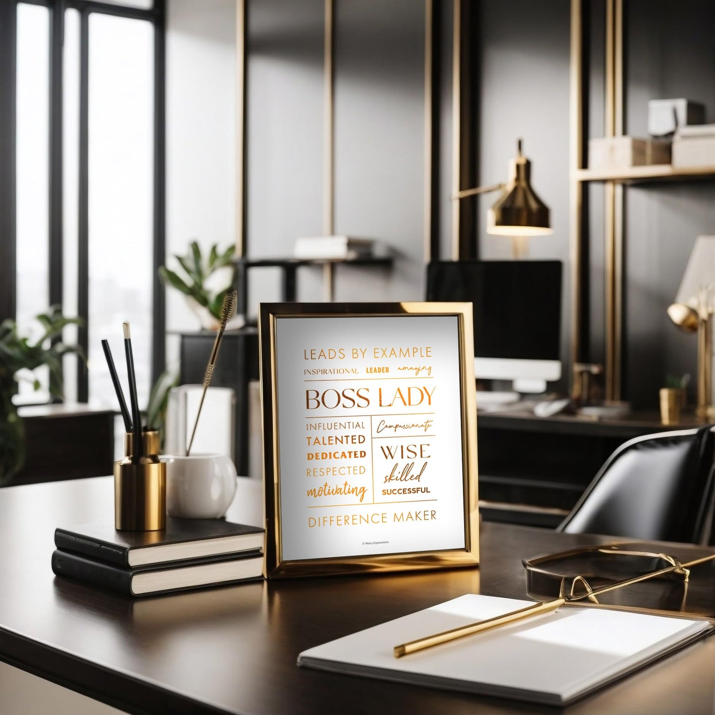 Merry Expressions Boss Lady Desk and Wall Art with Metal Frame - Office Décor, Boss Lady Gift with Quote - Gold 12" x 9"