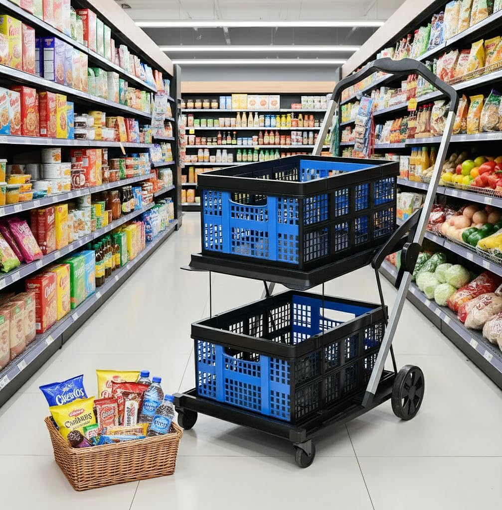 Collapsible Shopping Cart with Wheels,2 Tier Multi Use Foldable Shopping Cart with 2 Storage Crates,Folding Shopping Trolley Utility Cart for Office,Groceries, Warehouse,Supermarket,Picnic (Blue)
