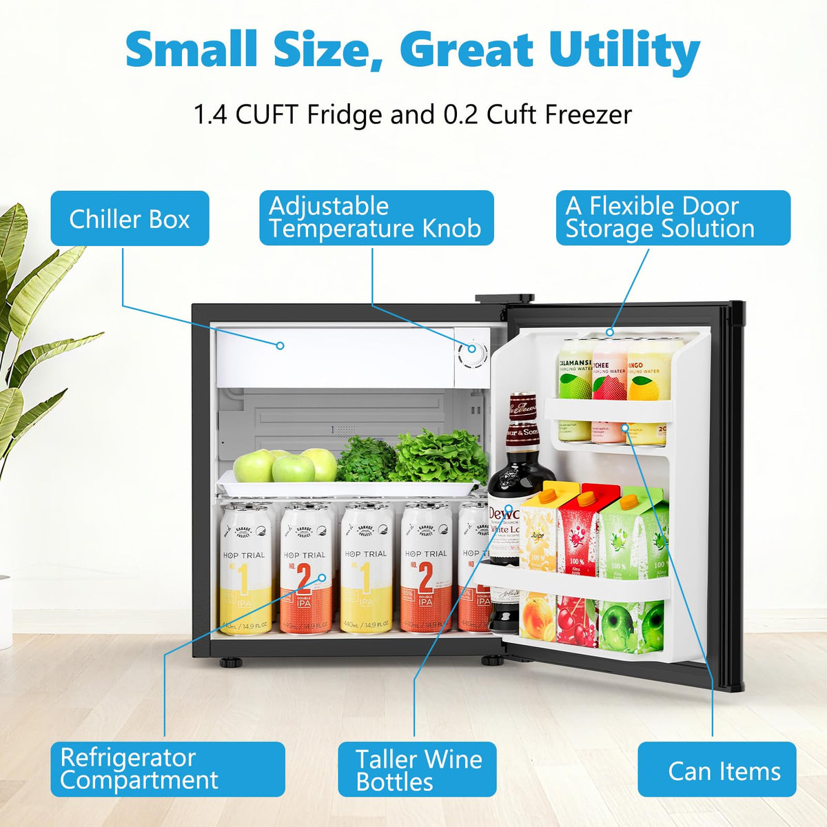 COWSAR 1.6 Cu.Ft Compact Fridge with Freezer, Refrigerator with 7 Temperature Settings, Energy-efficient Low Noise Small Refrigerator Suitable For Dorm, Office, Bar, RV, Bedroom, Commercial