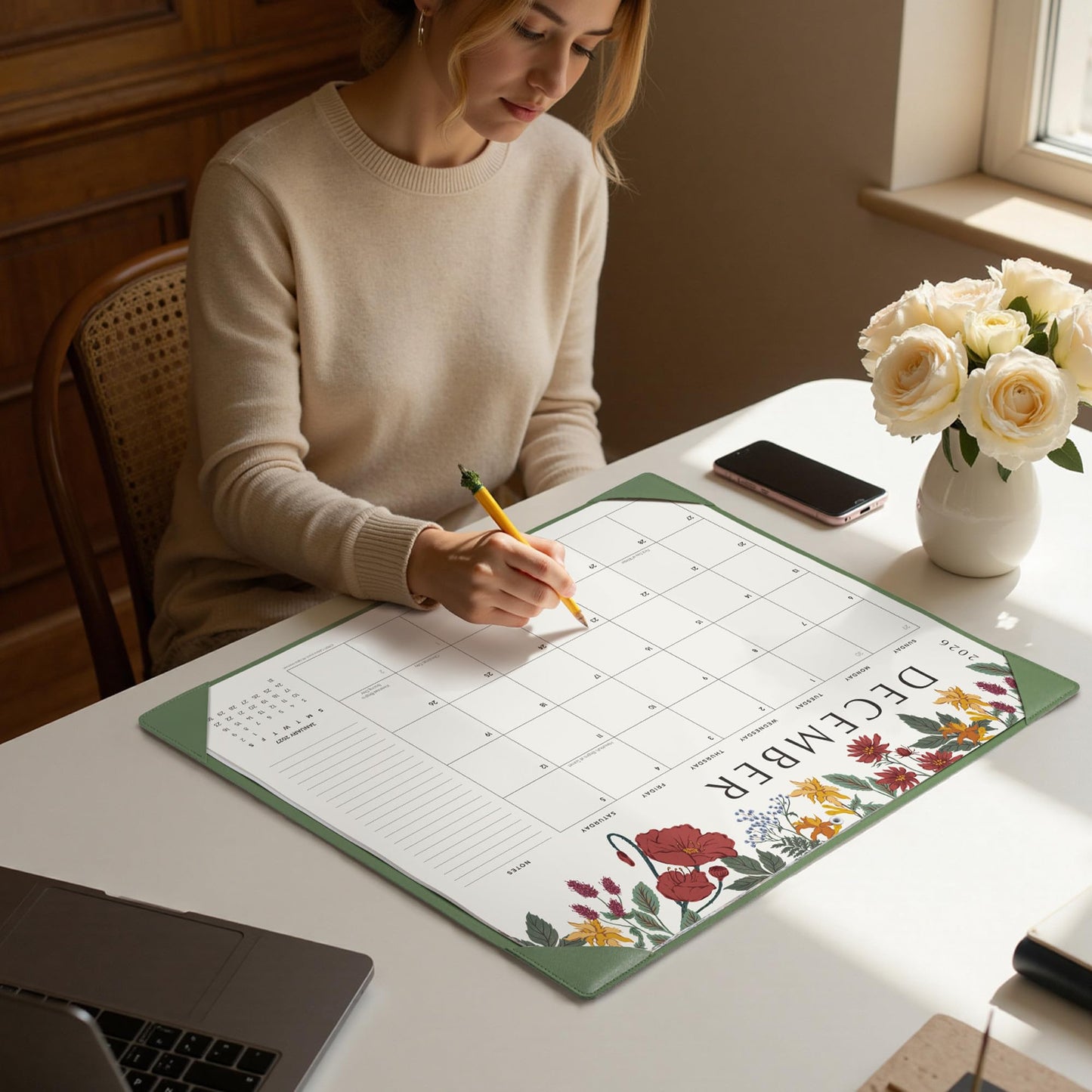 Desk Calendar 2026 with Desktop Mat, Cabbrix Large Desk Pad Calendar 22 x 17 Inch Runs From July 2026 to December 2027, Classic Floral Design Calendar 2026 for Home School and Office (Green)