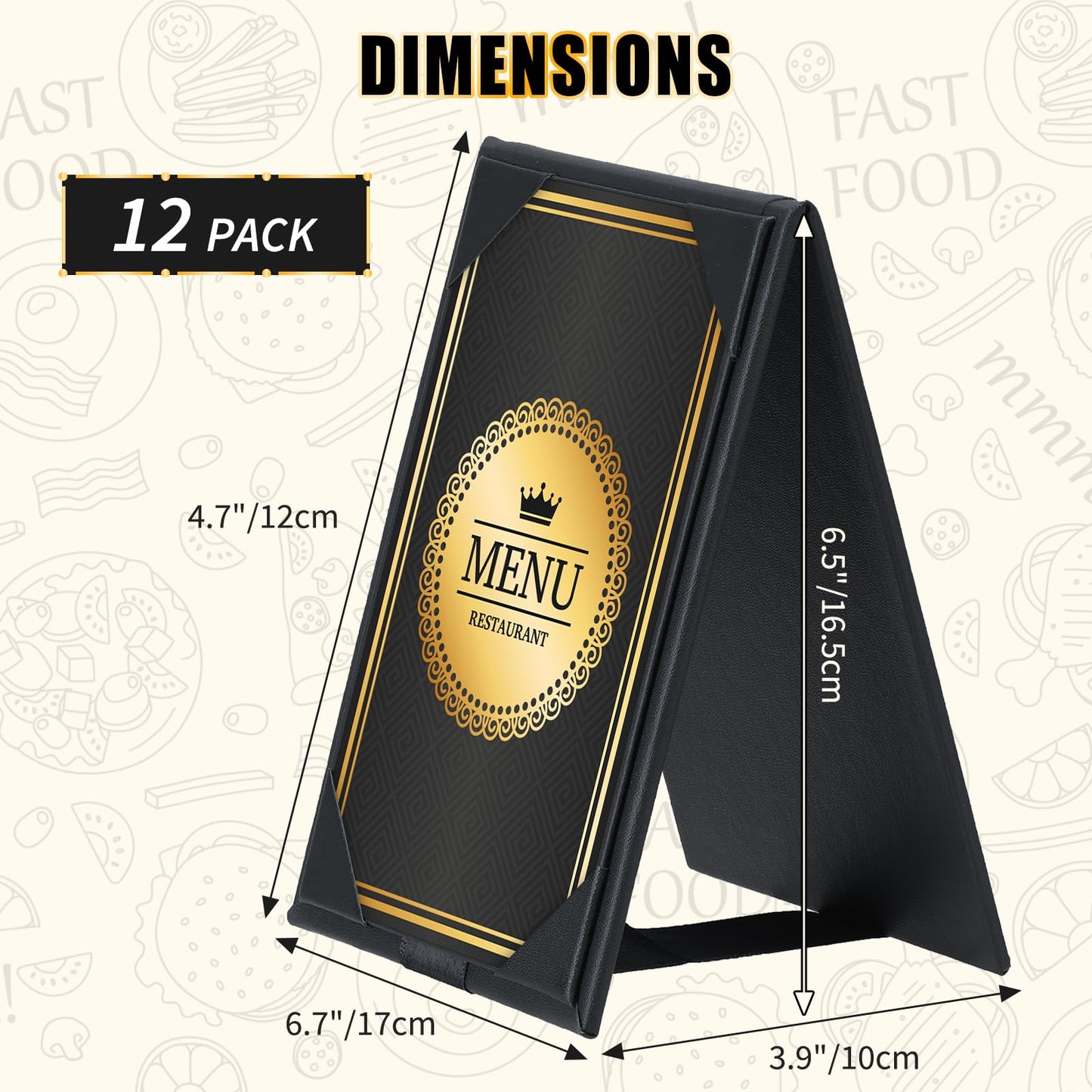 FLKQC 12 Pack Double-Sided Menu Holders 4"x 6", PU Leatherette A-Frame Table Tents for Restaurant, Bar, Cafe, Wedding, Durable and Foldable Design (12 pack, 4" x 6")
