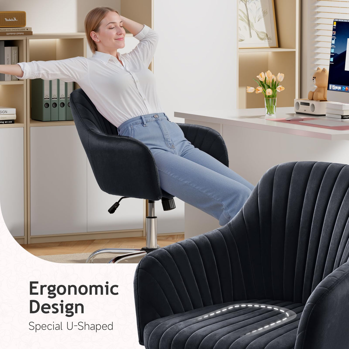 Warmiehomy Velvet Desk Chair for Home Office, Modern Adjustable Swivel Task Chair, Women Vanity Chairs with Arm Rest for Bedroom Dressing Room, Classic Black