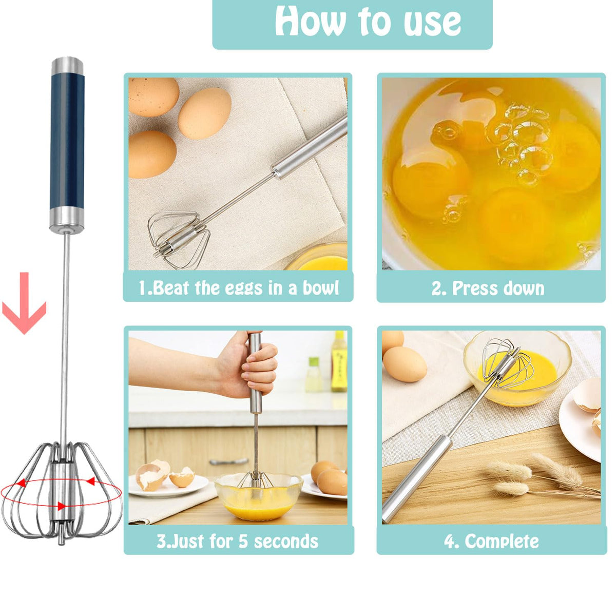 Semi-automatic Whisk, Stainless Steel Egg Beater, Hand Push Rotary Whisks Mixer Stirrer for Making Cream, Whisking, Beating and Stirring (3 Color)
