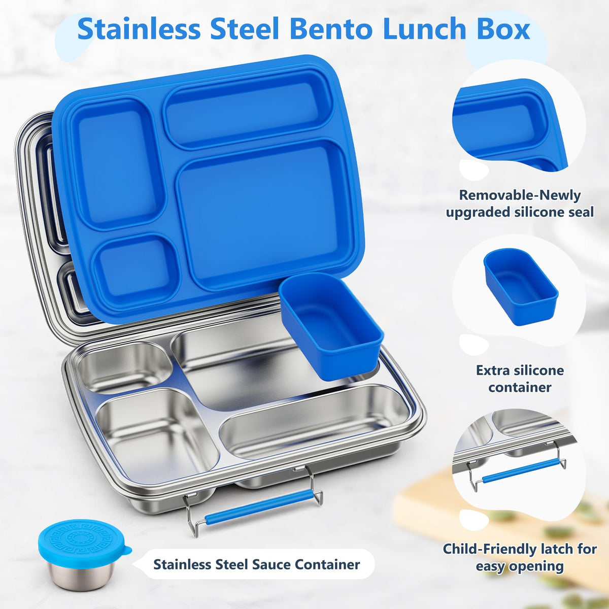 Zeekala Stainless Steel Bento Lunch Box for Kids & Adults, 4 Compartment Kids Lunch Box, Metal Bento Box with Silicone Container and Stainless Steel Sauce Container,BPA-Free,School,Office(Blue)