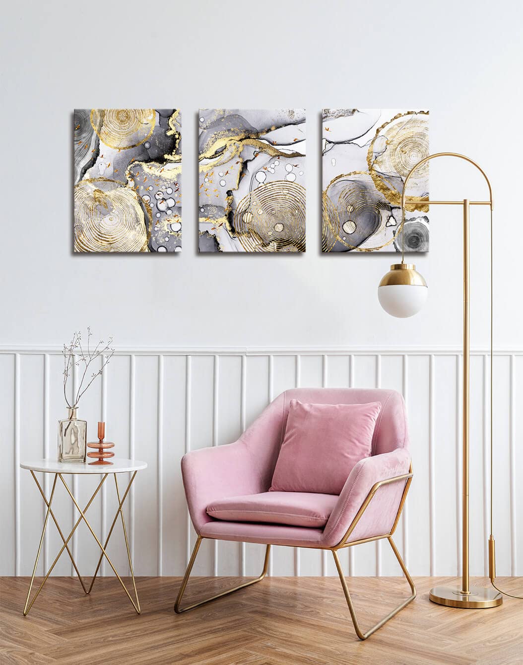 Gold Abstract Wall Art 3 Pieces Modern Framed Artwork Black and White Grey Gold Fluid Ink Annual Rings Pictures Canvas Prints Painting for Living Room Bedroom Kitchen and Office Wall Decor 12x16inx3