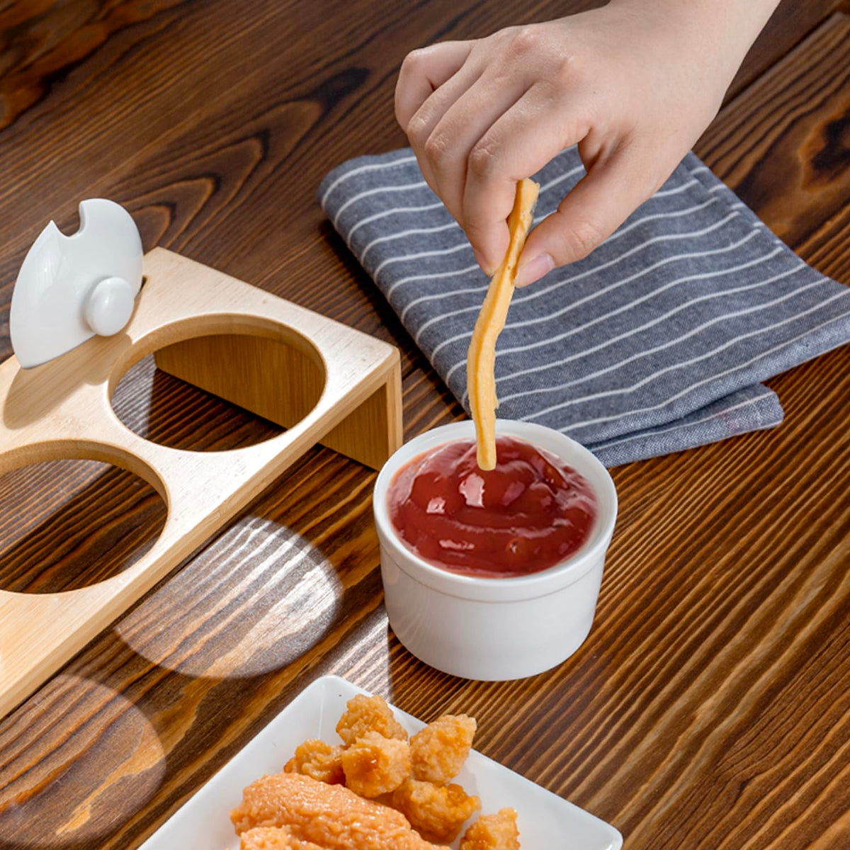 MyGift 10 Pcs Sauce Serving Dish, Hosting Party Essentials Host Gift, 3 Ceramic Ramekin Chip Dip Bowls with Lids & Spoons, Premium Bamboo Server Tray, Condiment Pot Entertaining