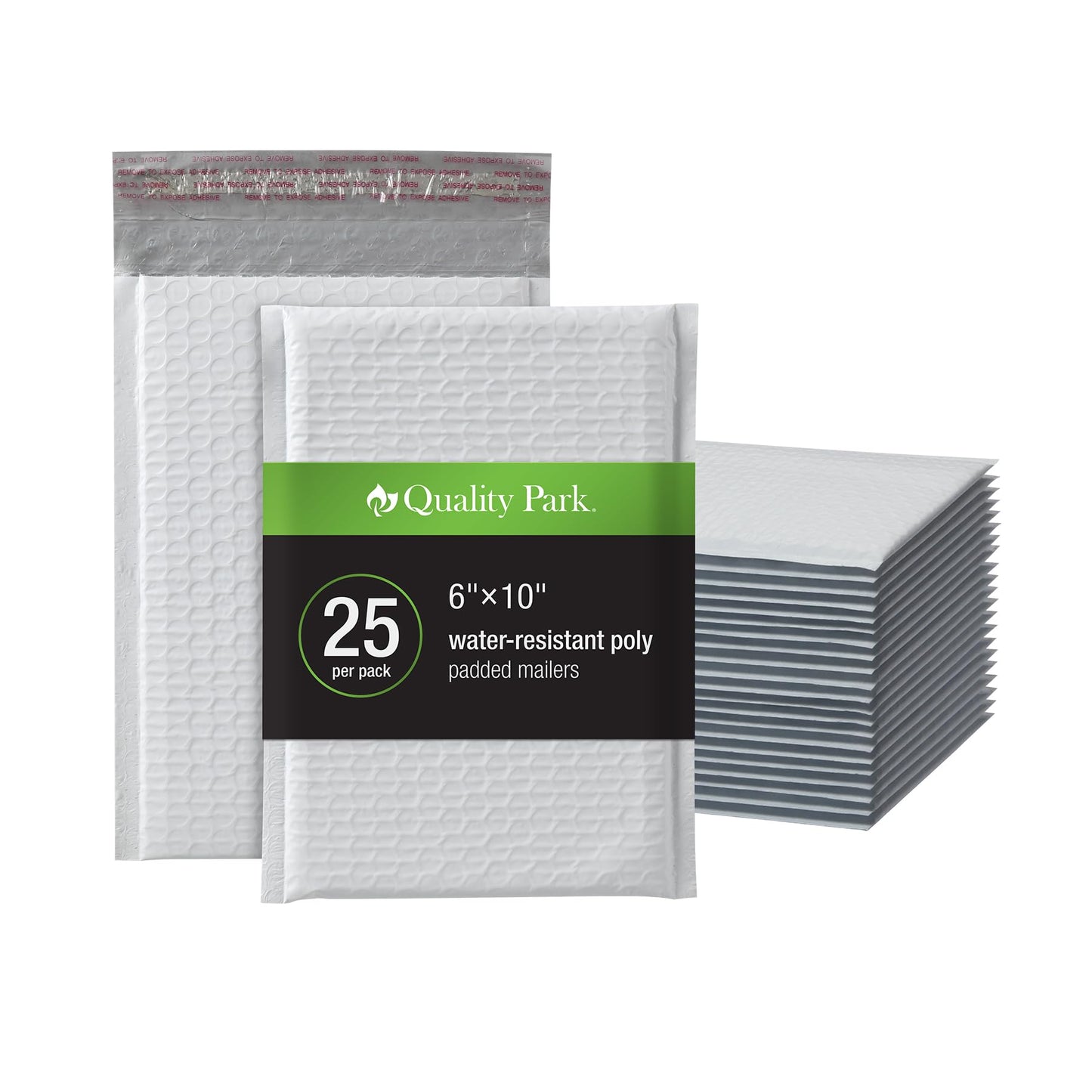 Quality Park Bubble Mailers, 6 x 9 Shipping Envelopes, Water Resistant White Poly Padded Mailers, Redi-Strip Peel Off Closure, 25 Per Box (1002347)