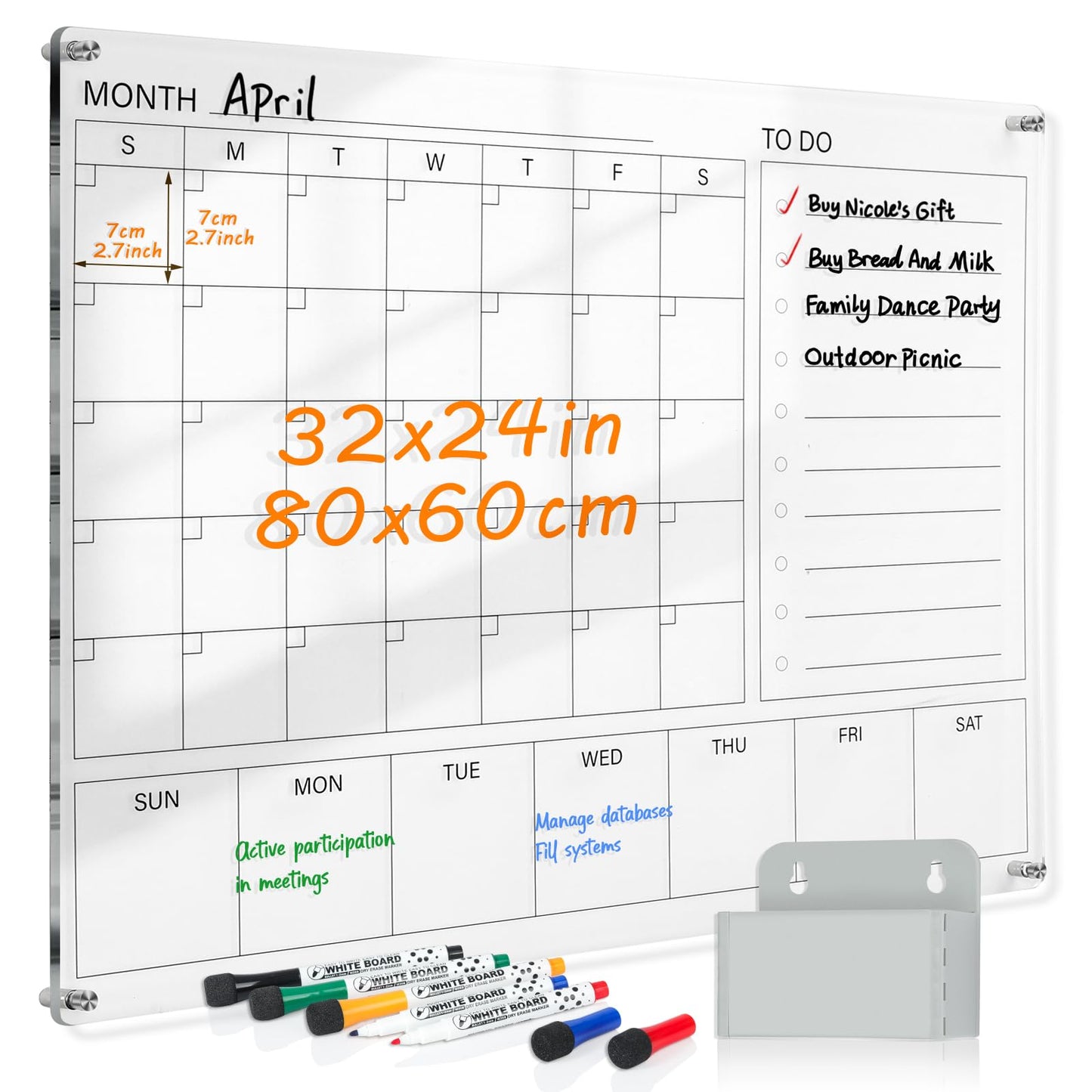 MAKELLO Acrylic Calendar for Wall 32" x 24", Clear White Board Calendar for Office, School, Home, Monthly Whiteboard with Weekly