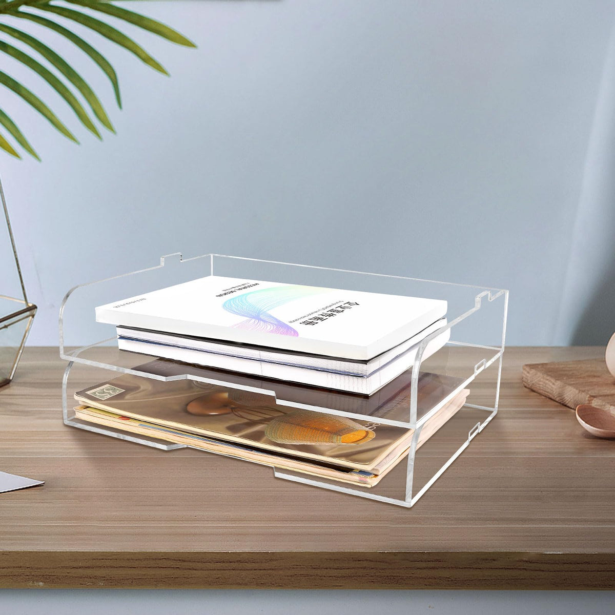 2 Pack- Stackable Paper Letter Tray,Clear Acrylic Magazine Holder and File Organizer - Sleek Desk Organizer for Home Office, Bookshelf, or Workspace - Space-Saving Transparent Document Holder