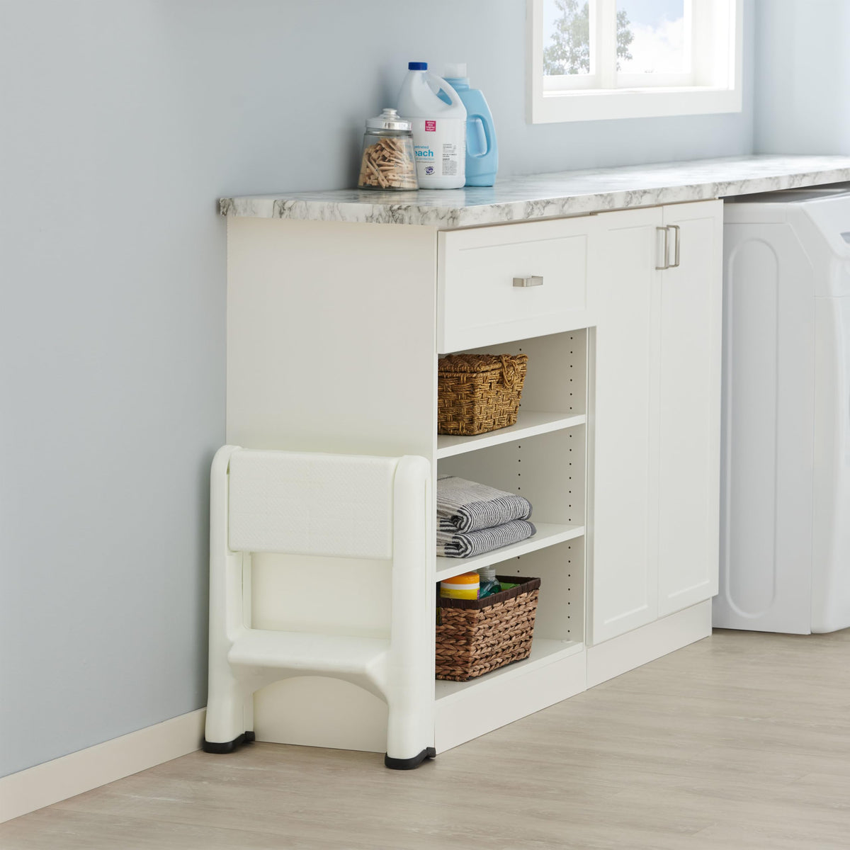 Rubbermaid Two-Step Folding Foot Stool 14-Inch High White 300 Pound Capacity Small Step Stool for Adults/Kids for Use in Library/Kitchen/Bathroom/Garage/Closet