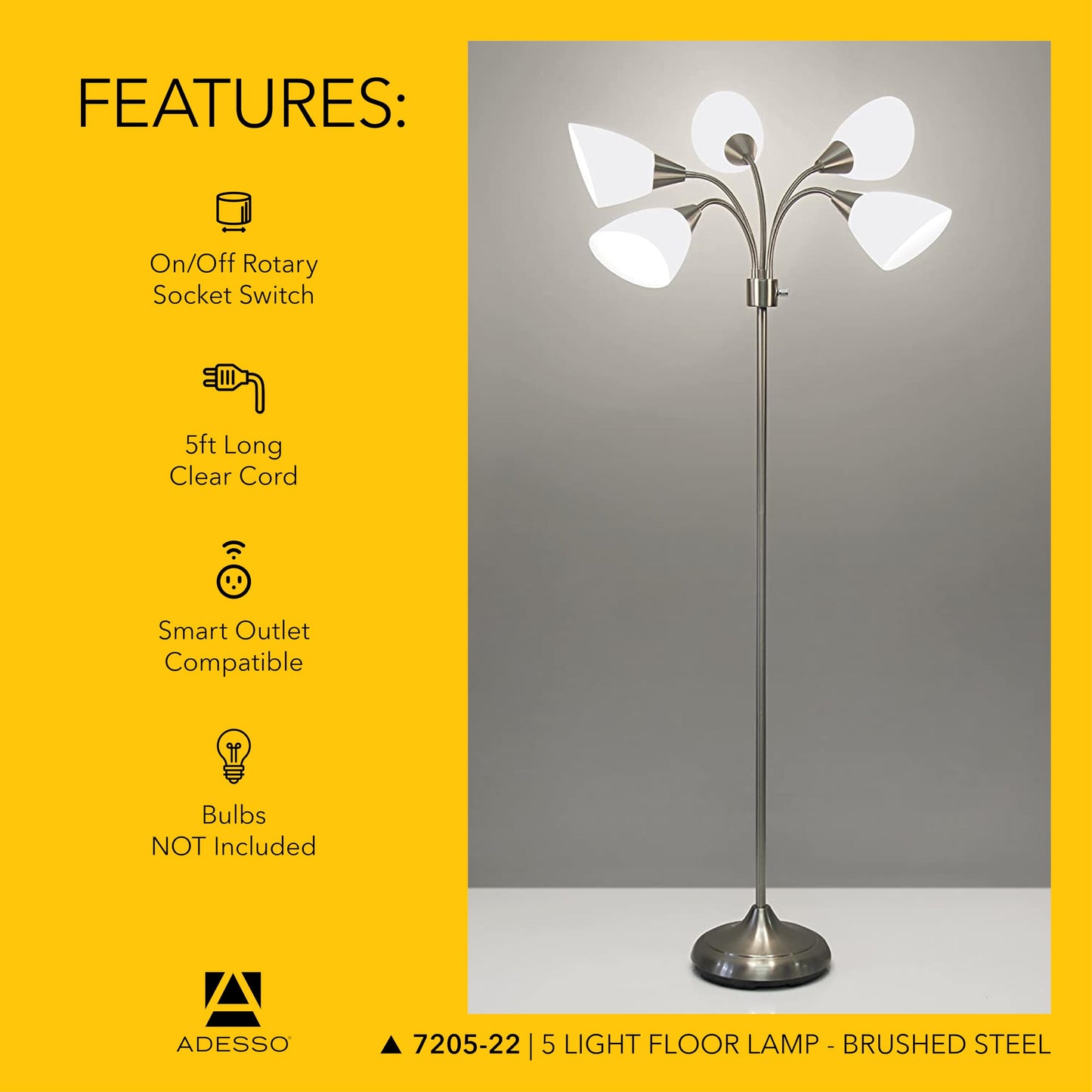 Adesso Floor Lamp with 5 Movable Shades & Adjustable Brightness – Perfect Lighting for Bedroom Decor, Beauty & Art Studio, Silver