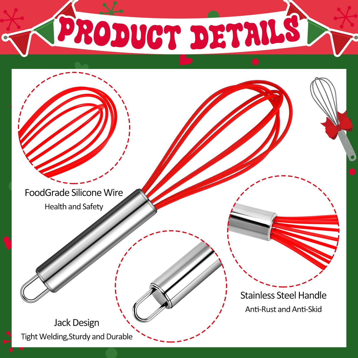 Nuogo 6 Sets Christmas Neighbor Gifts Christmas Whisk Baking Cooking Supplies Includes 8 Inch Stainless Steel Whisk, Greeting Cards, Ribbons, Plastic Bags for Kitchen Supplies Xmas Stocking Stuffers