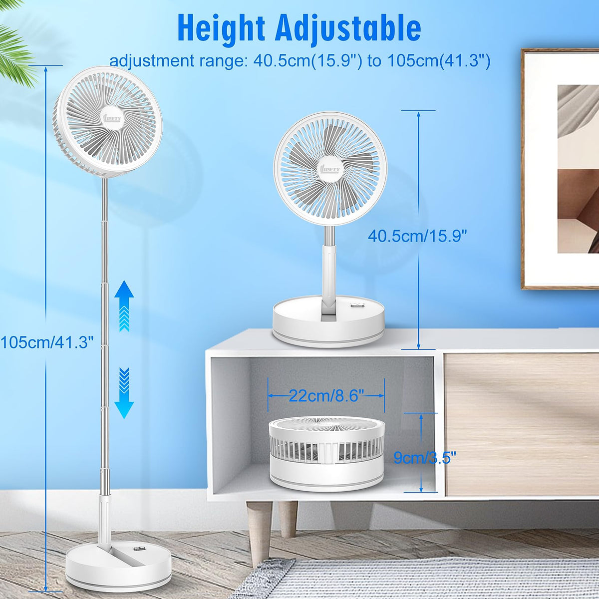 LIPETY Portable Foldable Rechargeable Oscillating Fan Battery Operated Table Desk Fan Folding Standing Pedestal Fans for Bedroom Rome Office Camping Travel (white, 8.6 inch)