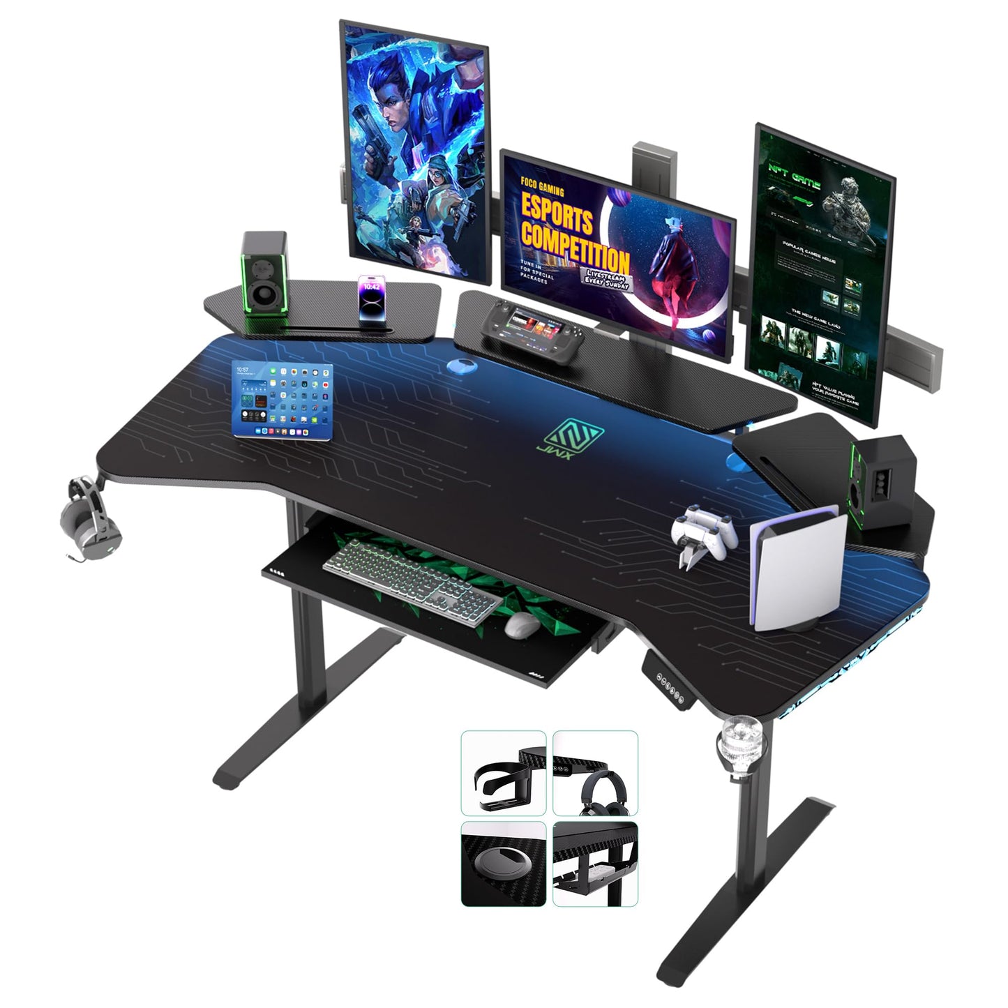 JWX 72" Height Adjustable Gaming Desk, 3-Zone Creator Workstation with Acrylic RGB Lighting, Keyboard Tray & Full Desk Mouse Pad, Dual Motor Sit Stand Desk for Streaming, Studio & Home Office