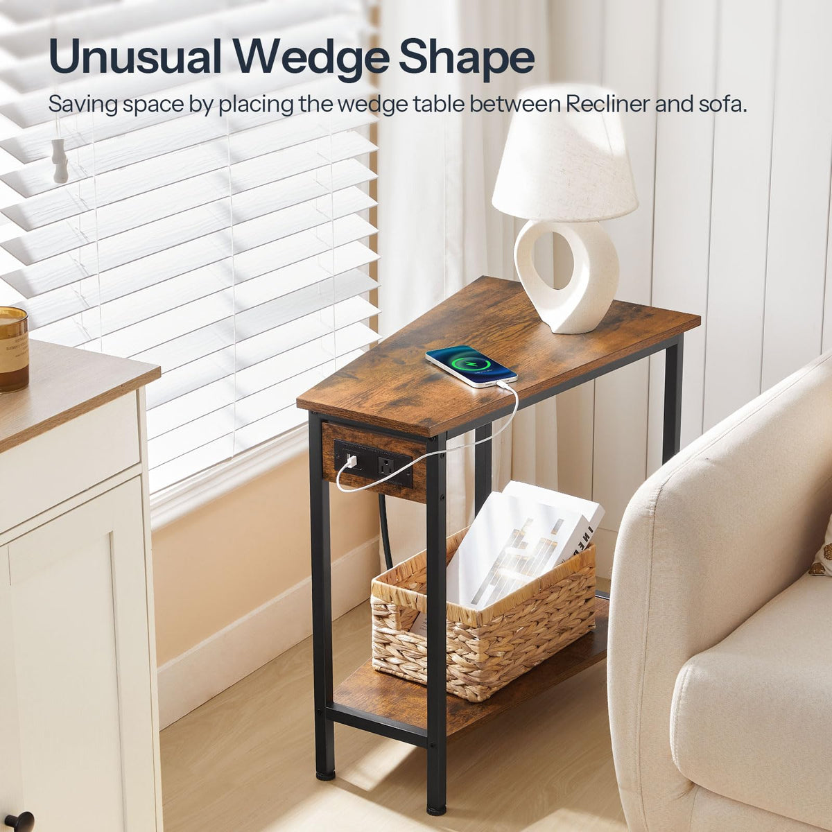HOOBRO Wedge End Table with Charging Station, Recliner Wedge Side Table with Open Storage Shelves, Industrial Triangle Accent Table for Small Spaces, Corner, Living Room, Rustic Brown BF64UBZ01G1