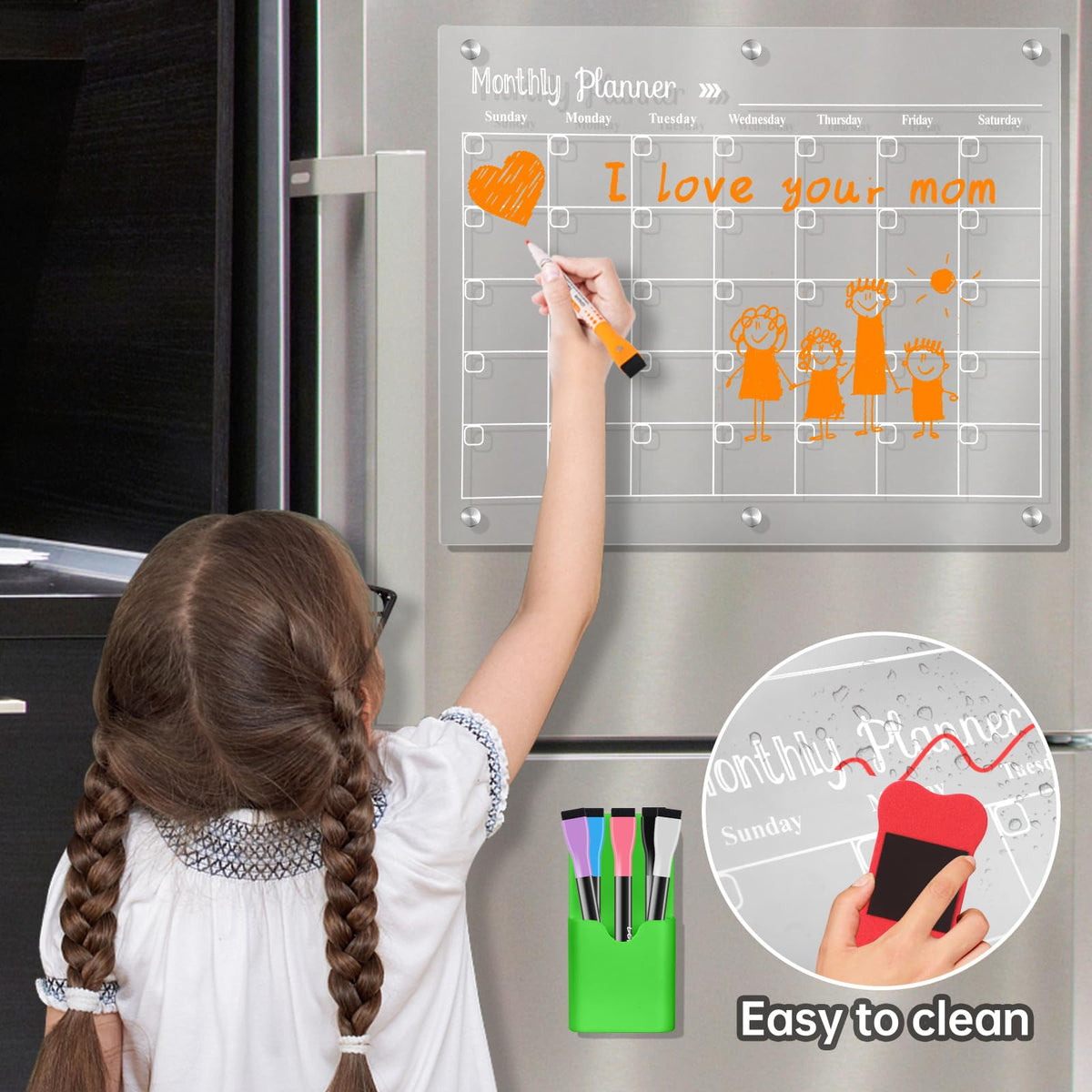 LCPCX Acrylic Magnetic Dry Erase Board for Fridge, Set of 3 Transparent Monthly & Weekly Planning Boards, Includes 6 Dry Erase Markers, 1 Eraser and Magnetic Pen Holder