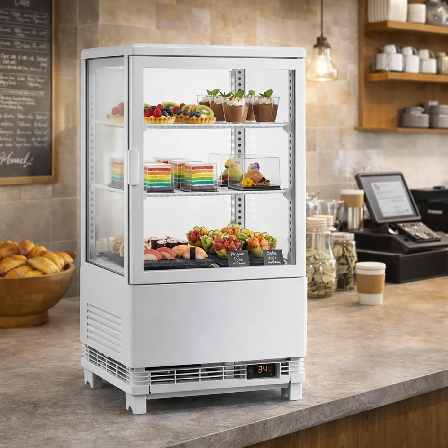 Countertop Display Refrigerator 2.0 Cu.ft, LED Light, Air-Cooling, Sliding Door, Adjustable Shelves, Automatic Defrost, Commercial Mini Fridge for Bakery, Cafe, Restaurant, White