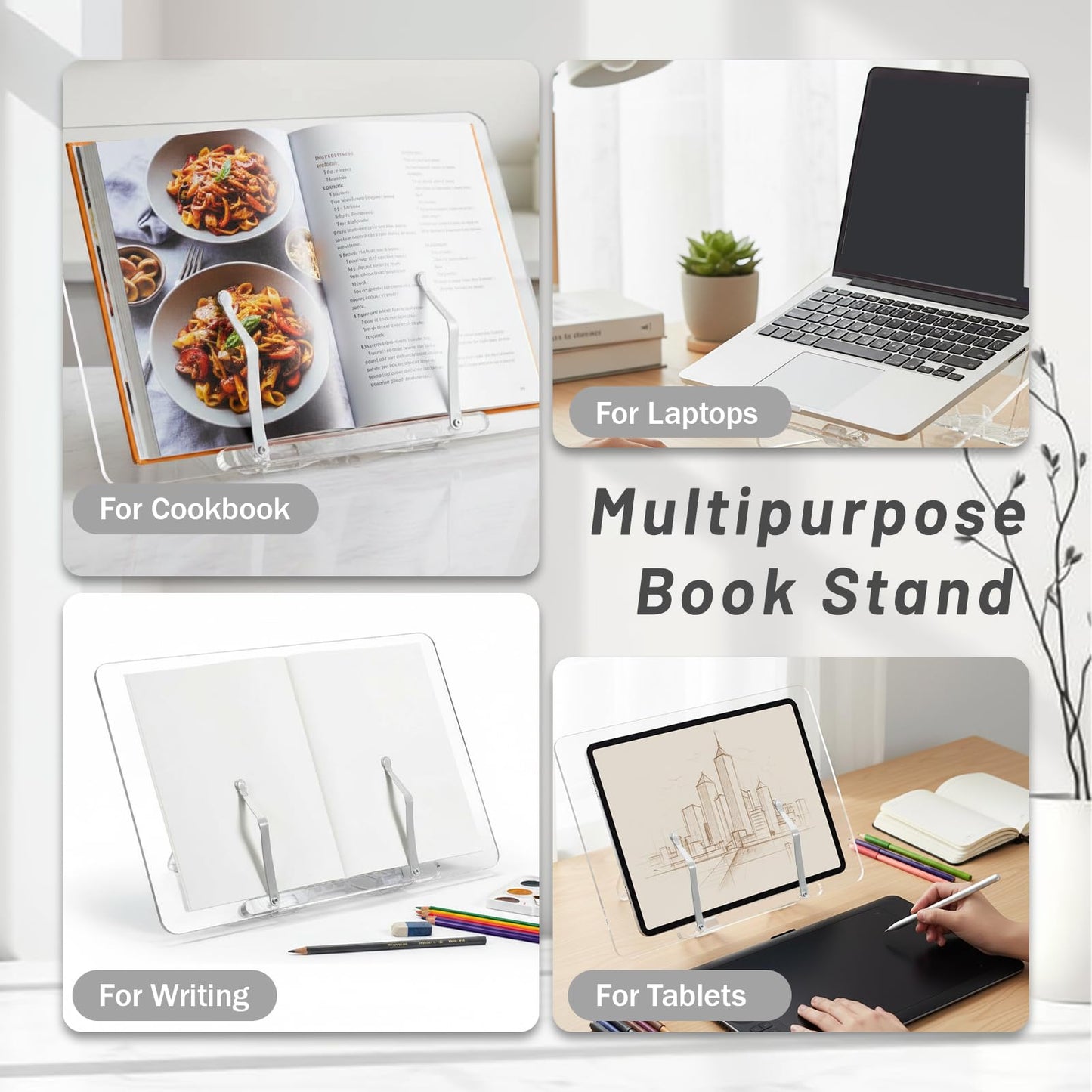 Oqqlin Adjustable Acrylic Book Stand, 13.3 x 9.4 Inch Adjustable Multi-Angle Book Display Stand Transparent Foldable Books Holder with Page Clip for Books, Magazines, Cookbook, Document, Recipe