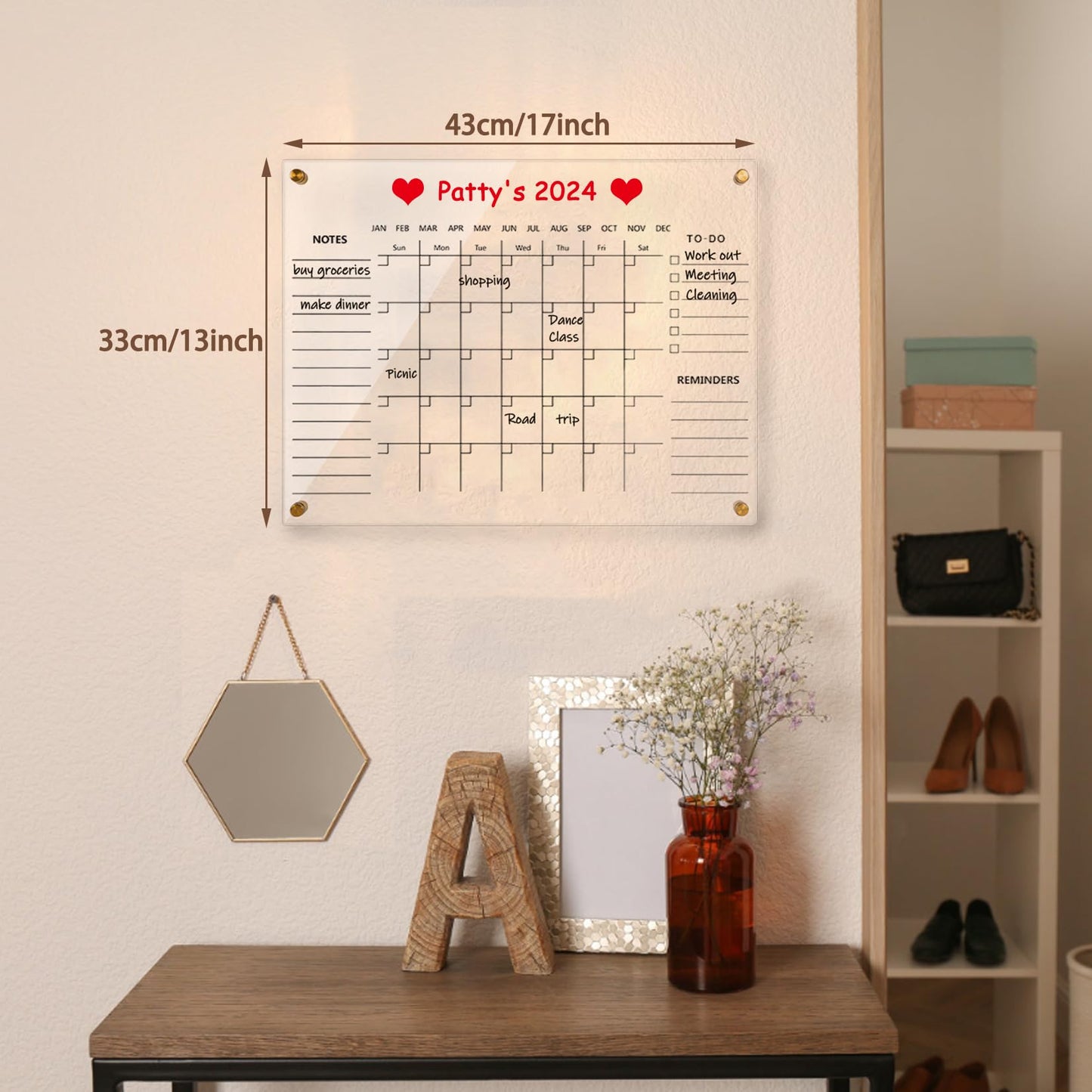 Clear Acrylic Calendar Dry Erase for Wall, Family Planner, Monthly Calendar Dry Erase Whiteboard for Home, Office, 17" x 13"Reusable White Board（Clear-3343）