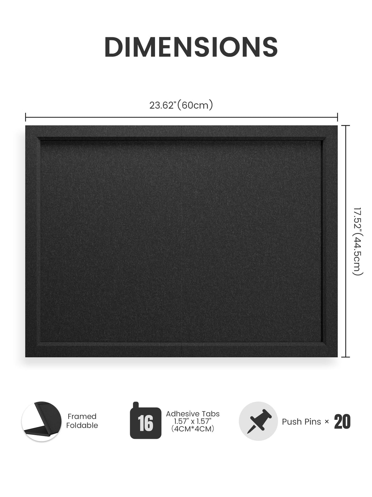 Fluxynara Foldable Cork Board Alternative, Felt Bulletin Board 24" x 18" Black Frame with 16 Adhesive Tabs, Pin Board for Home Office, Classroom, Entryway, Kitchen Wall Decor—Black