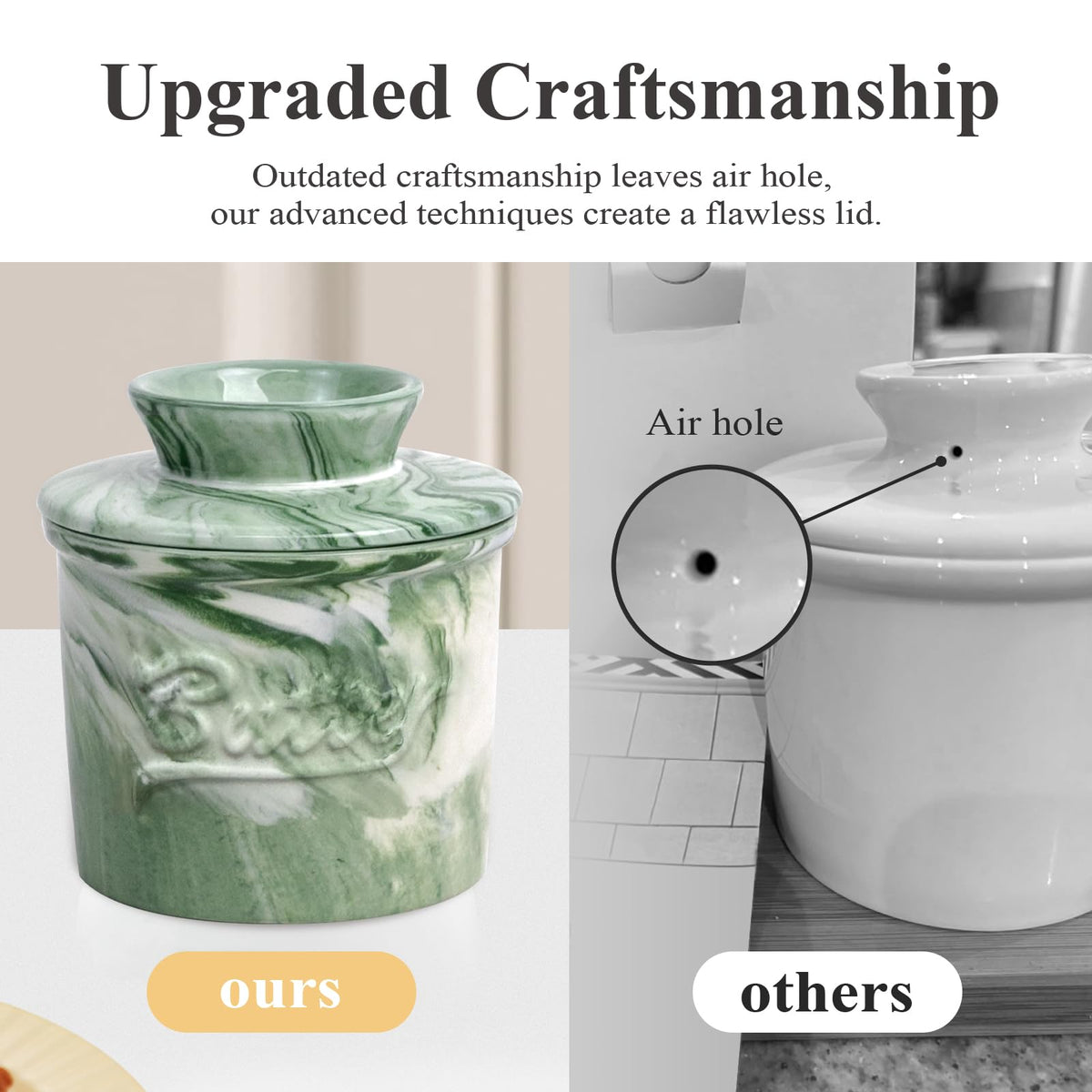 MSJGA Ceramic Butter Crock with Lid & Spreader Knife, Butter Keeper - Ideal Butter Storage & Countertop Butter Dish (Marble Green with Marble Green Knife, M)