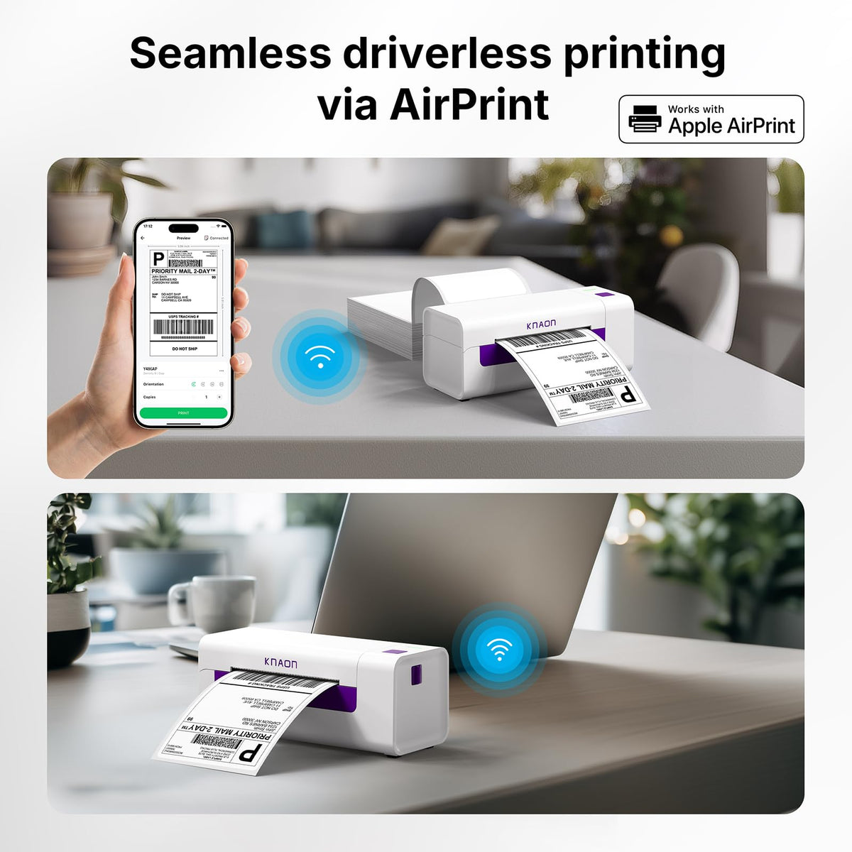 KNAON Shipping Label Printer, Wireless Wi-Fi Thermal Printer, AirPrint Label Printing 4x6 for iPhone, iPad, Mac, Supports Android&Windows, Includes Label Holder – Ideal for Small Businesses, Shopify