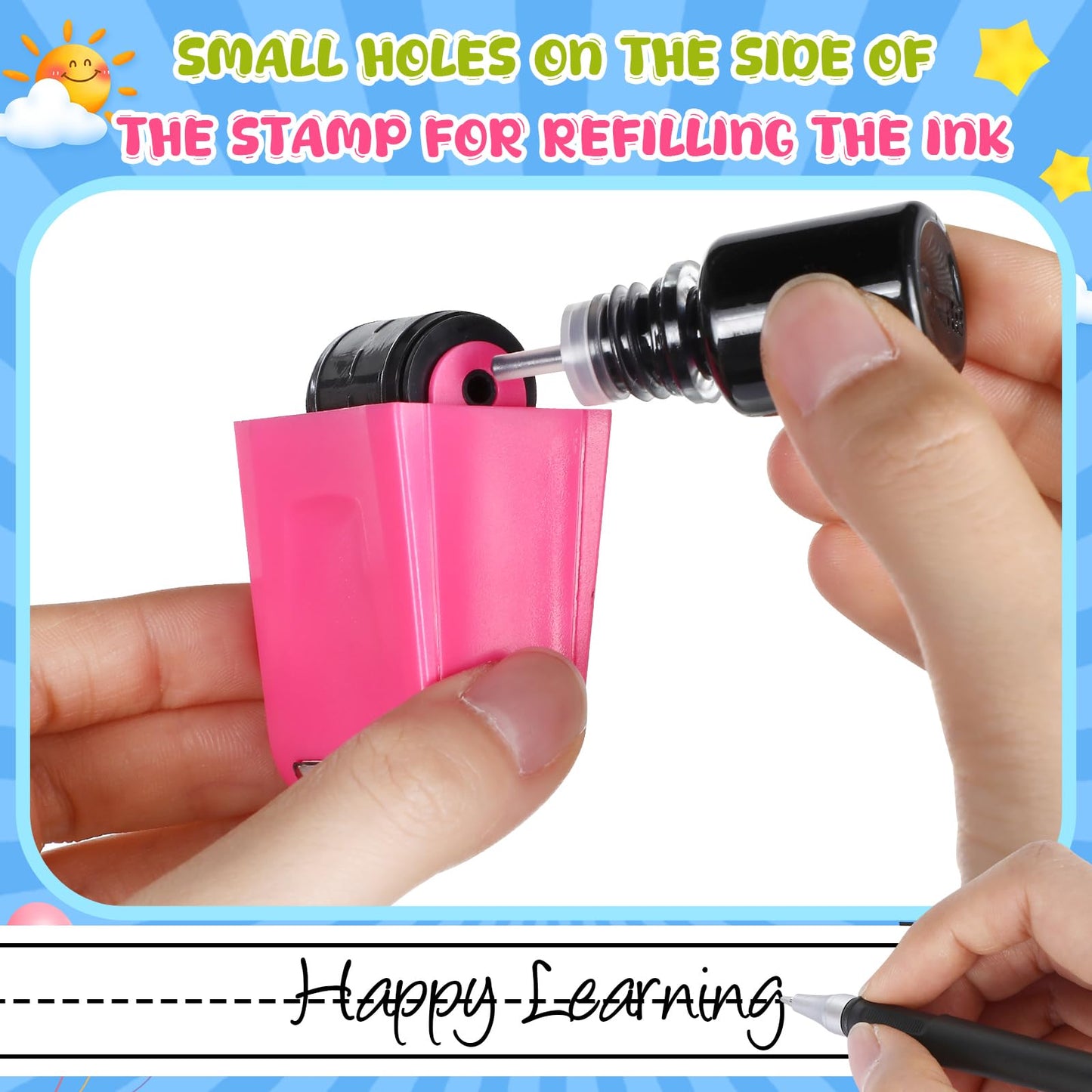 Affrolling 2 Pcs Roller Stamps for Teachers Dashed Handwriting Lines Practice with 2 Black Ink Self Inking Line Rolling Stamps Supplies for Sentence Handwriting Practice, Green and Pink