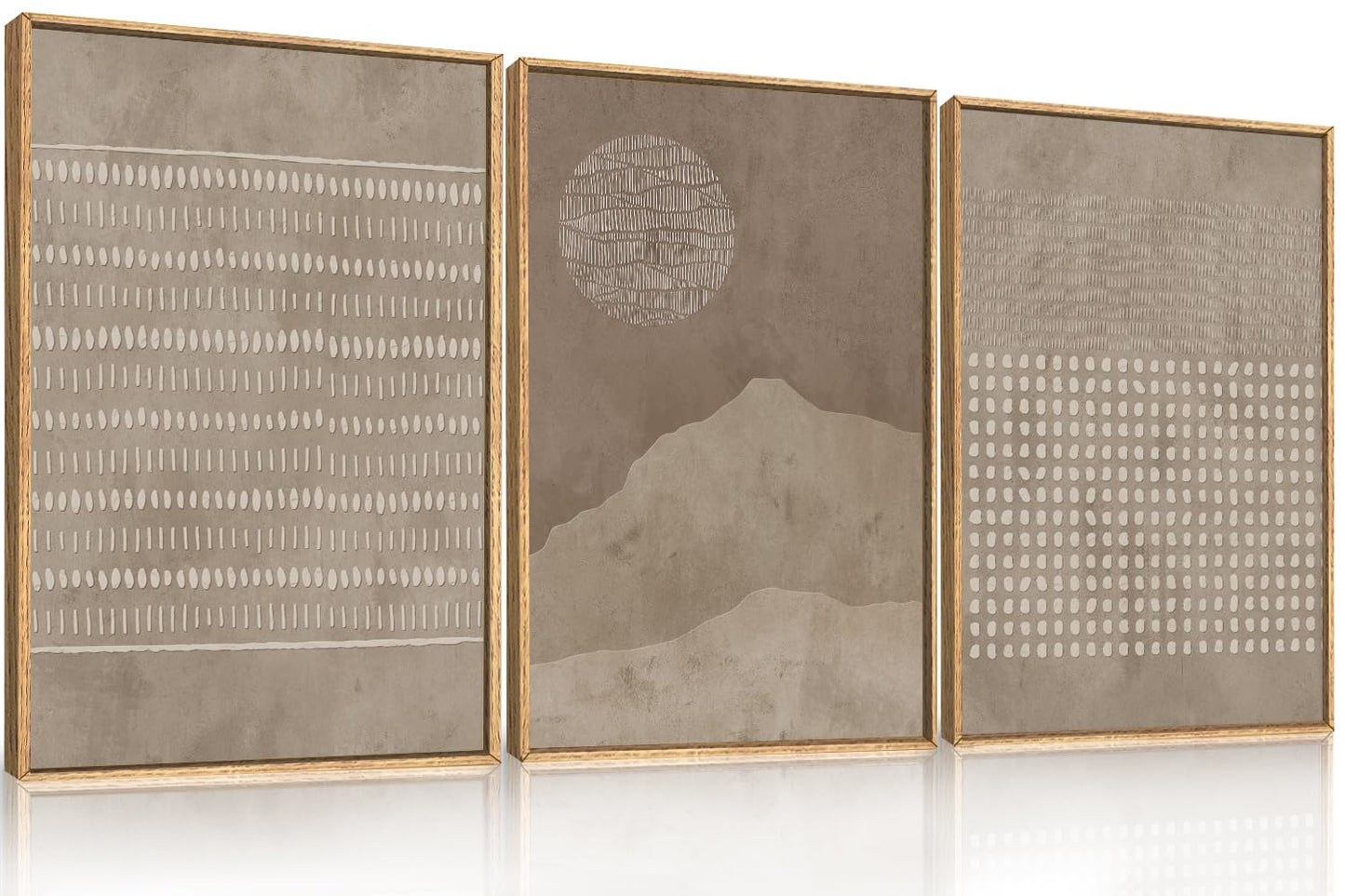 Aryroi Large Mid Century Tan and Beige Framed Canvas Wall Art,Neutral Lines Dots Wall Decor,Abstract Sunset and Mountain Artwork,Boho Textured Shapes Art Print for Living Room,Bedroom,Office-16"x24"x3